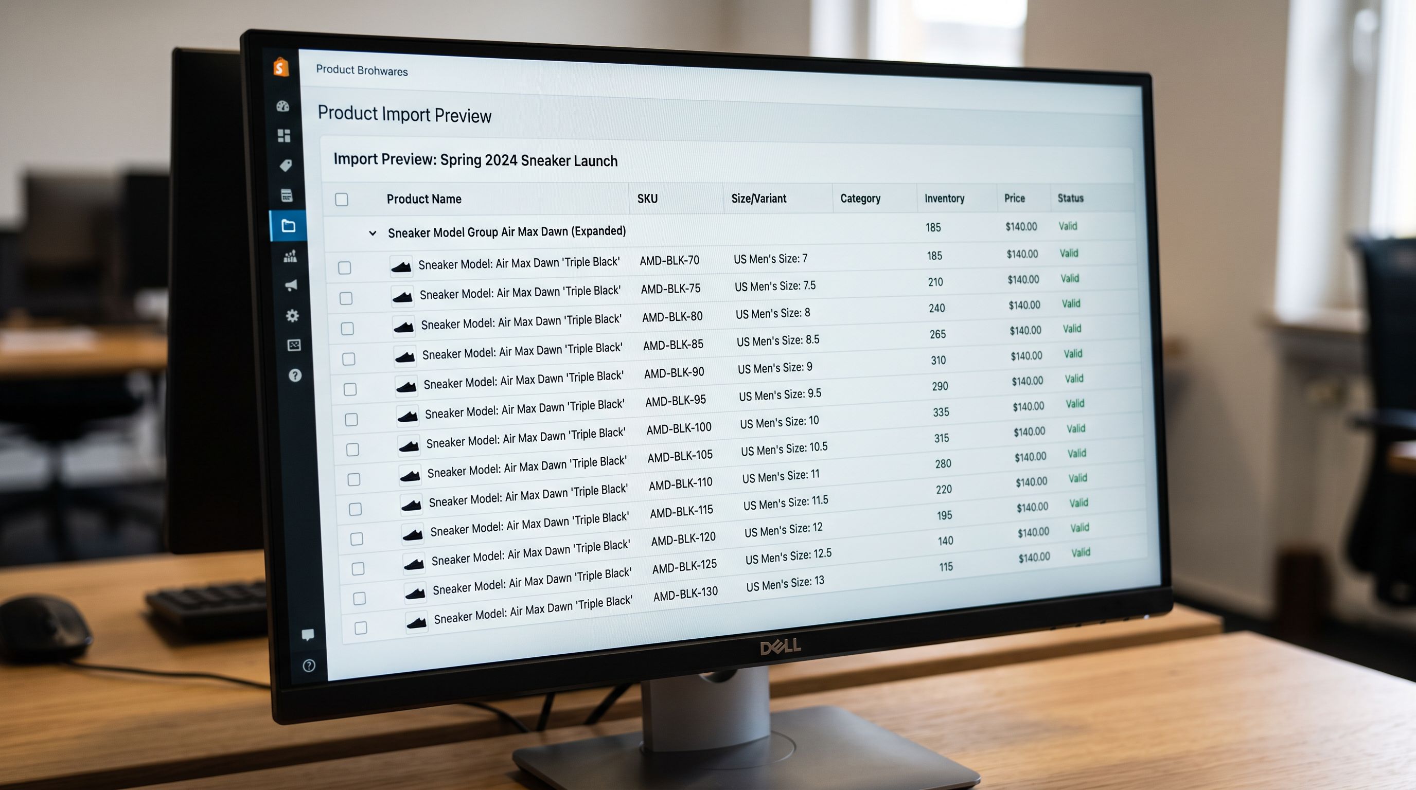 A monitor screen showing a product import preview with a sneaker model group, 13 variants listed under US Men's Size option from 7 to 13 in half increments, all variants with inventory quantities, sharp focus, colour photography.