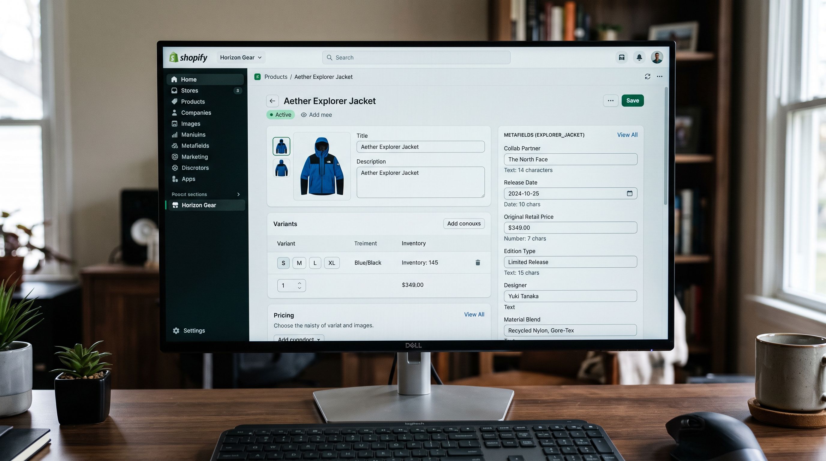 A monitor screen showing a Shopify product admin page with a metafields panel populated with Collab Partner: Off-White, Release Date: 2017-11-04, Original Retail Price: USD 190, Edition Type: Collaboration, sharp focus, colour photography.