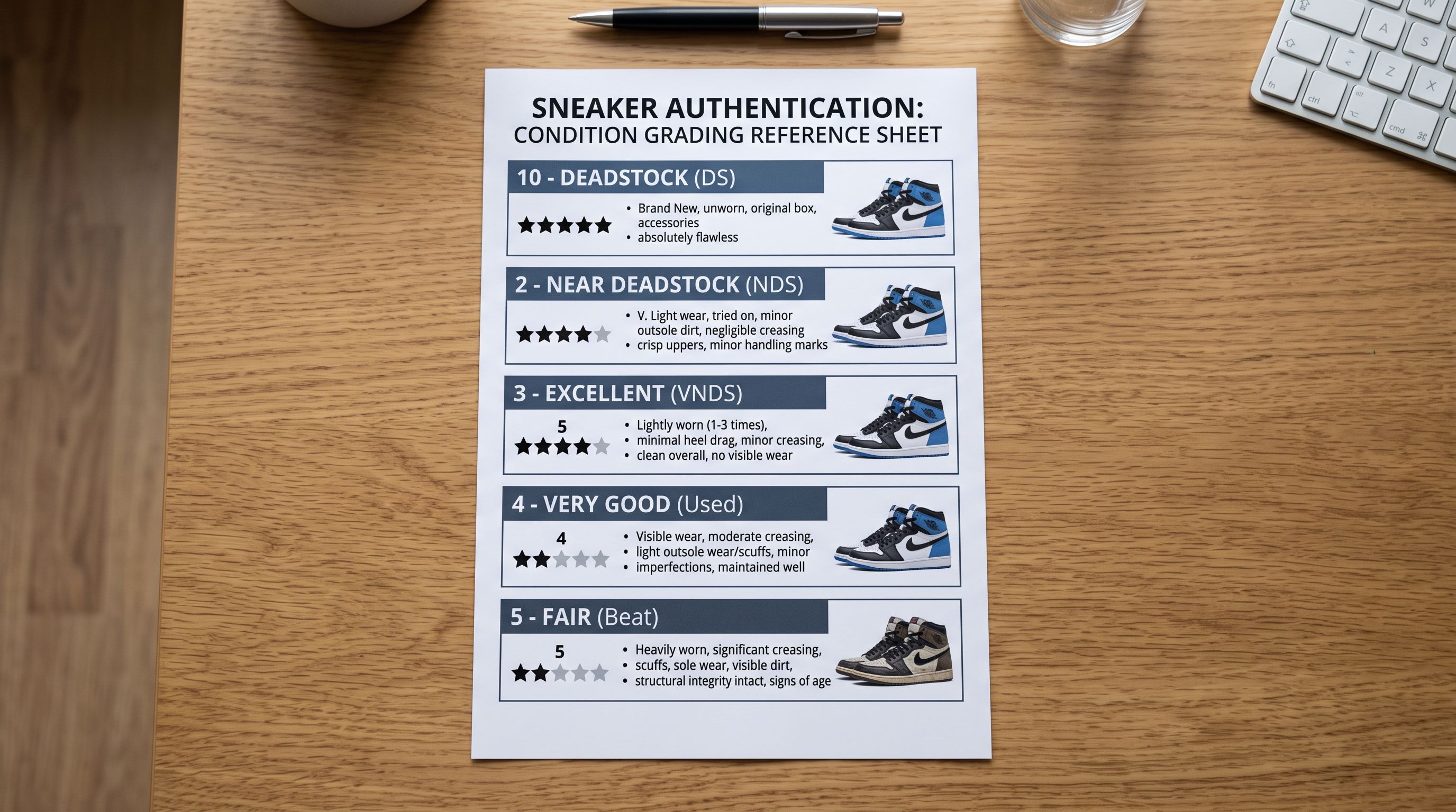 A printed condition grading reference card for sneakers with five grades listed from Deadstock to Fair, each with a one-line description of the physical state the grade represents, lying flat on a neutral surface, sharp focus, colour photography.