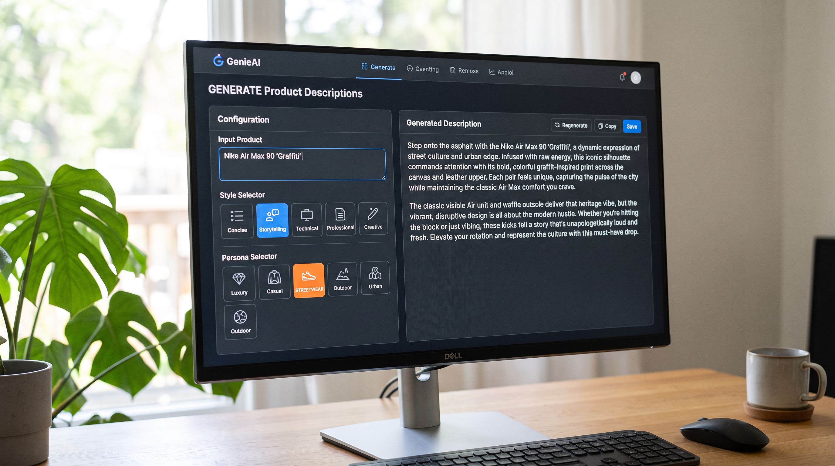 A monitor screen showing an Importier AI description generation panel with the Storytelling style selected, a Streetwear Cultural Commentator persona active, and a generated product description visible in the output panel for a sneaker collaboration product, sharp focus, colour photography.