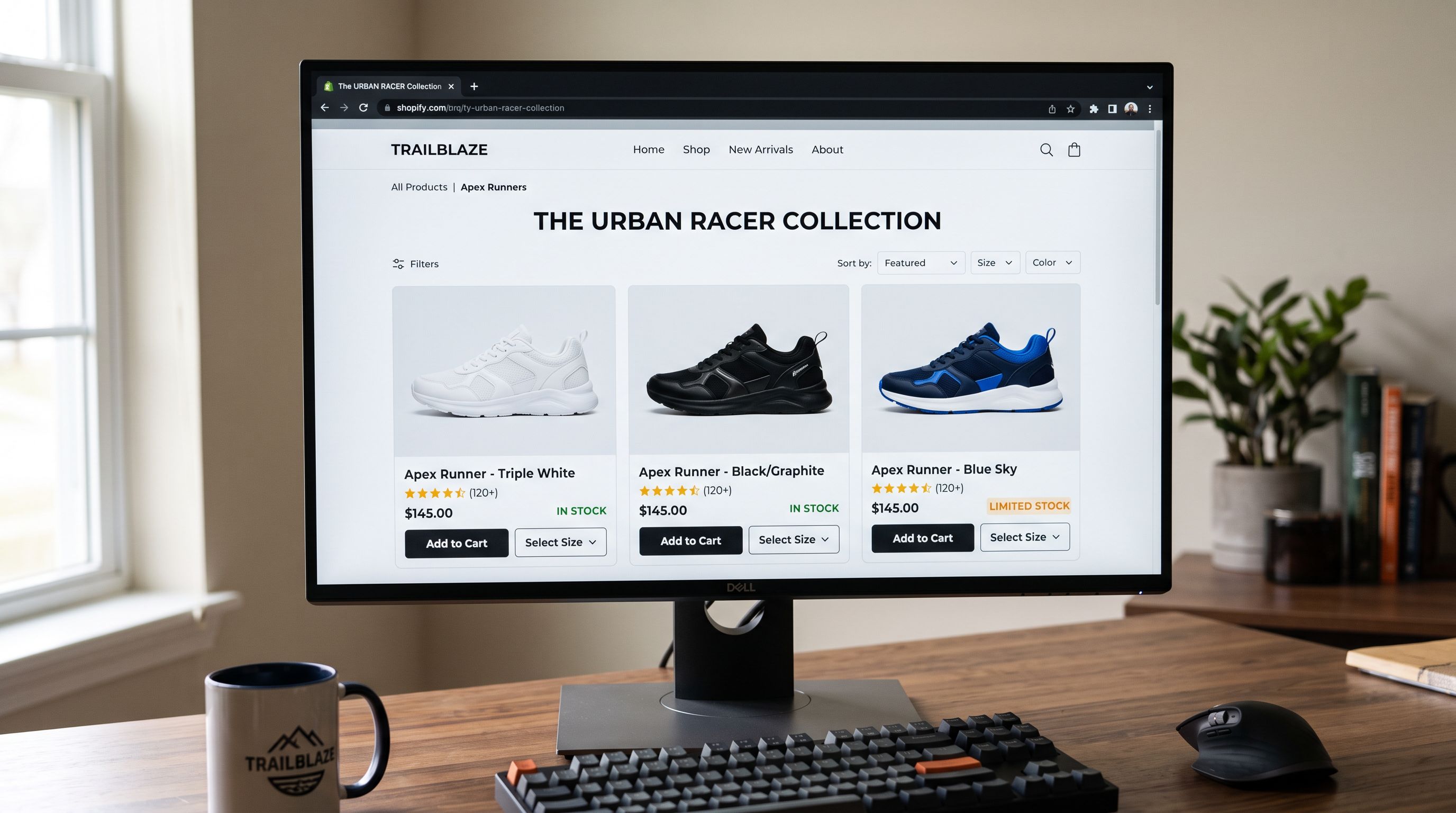 A Shopify collection page showing three separate sneaker product cards for the same shoe model in three different colourways: white, black, and university blue, each card showing its own price and stock status, sharp focus, colour photography.