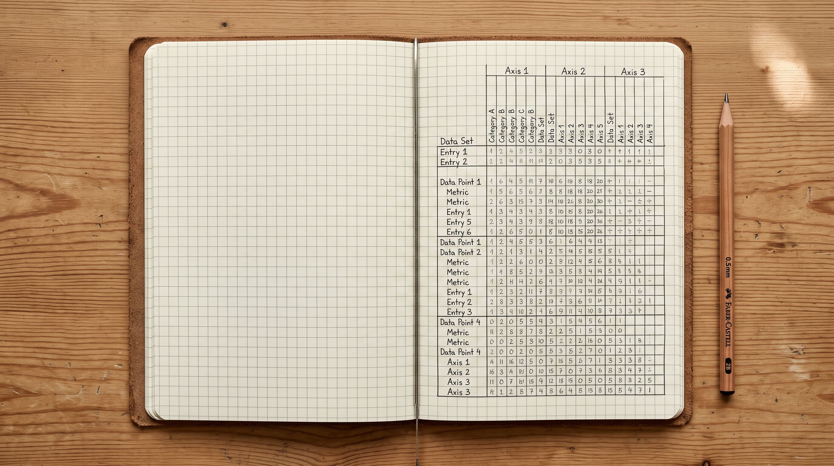 Graph paper notebook with hand-drawn three-axis matrix on a pine desk.
