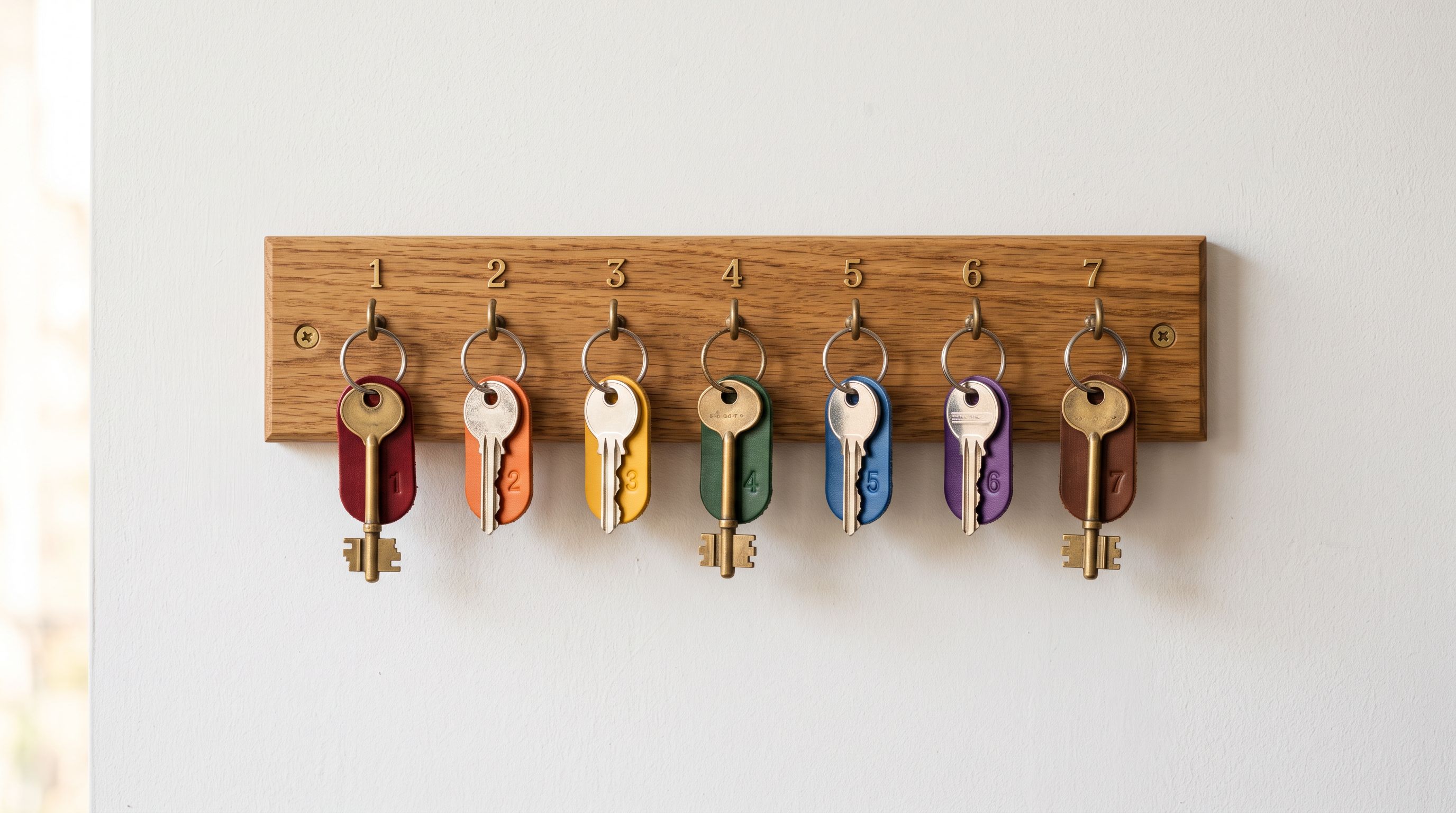 Key board on a white wall with numbered hooks and colour-tagged physical keys.