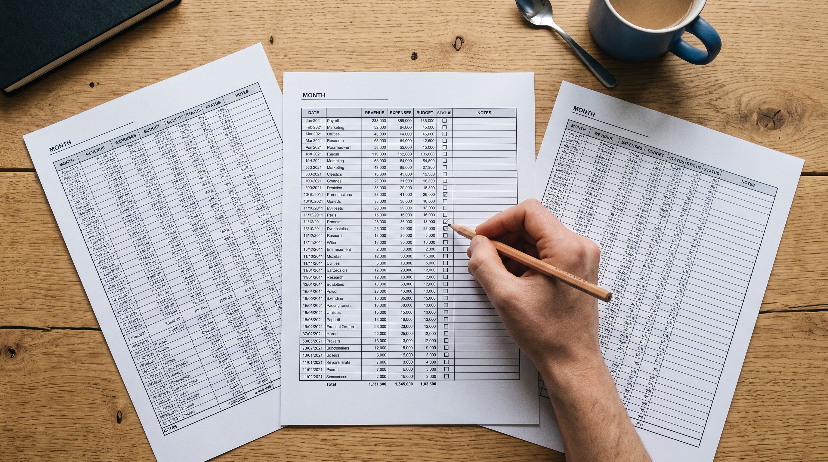 Printed spreadsheet pages on a timber desk with pencil checkboxes overhead.