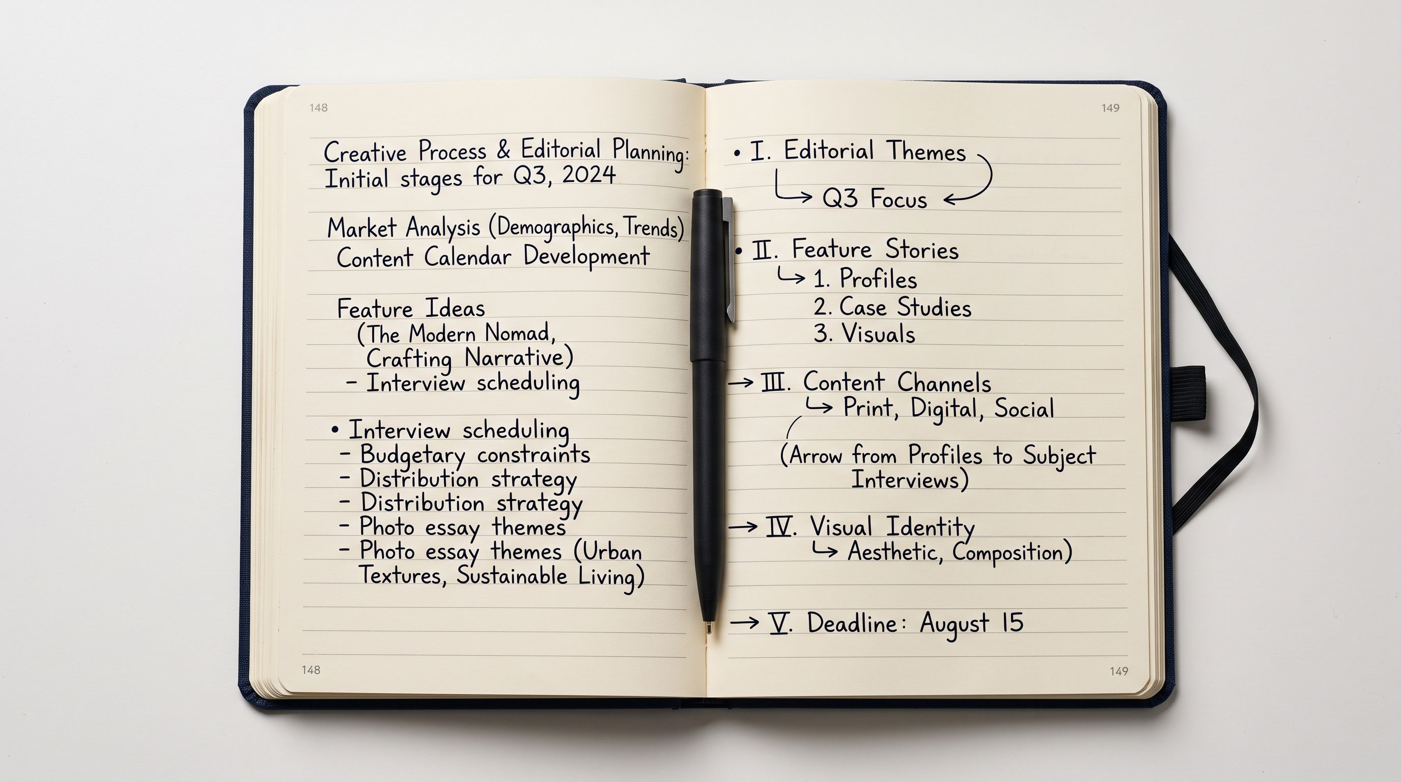 Open hardback notebook showing dense writing and outlined bullets with a pen.