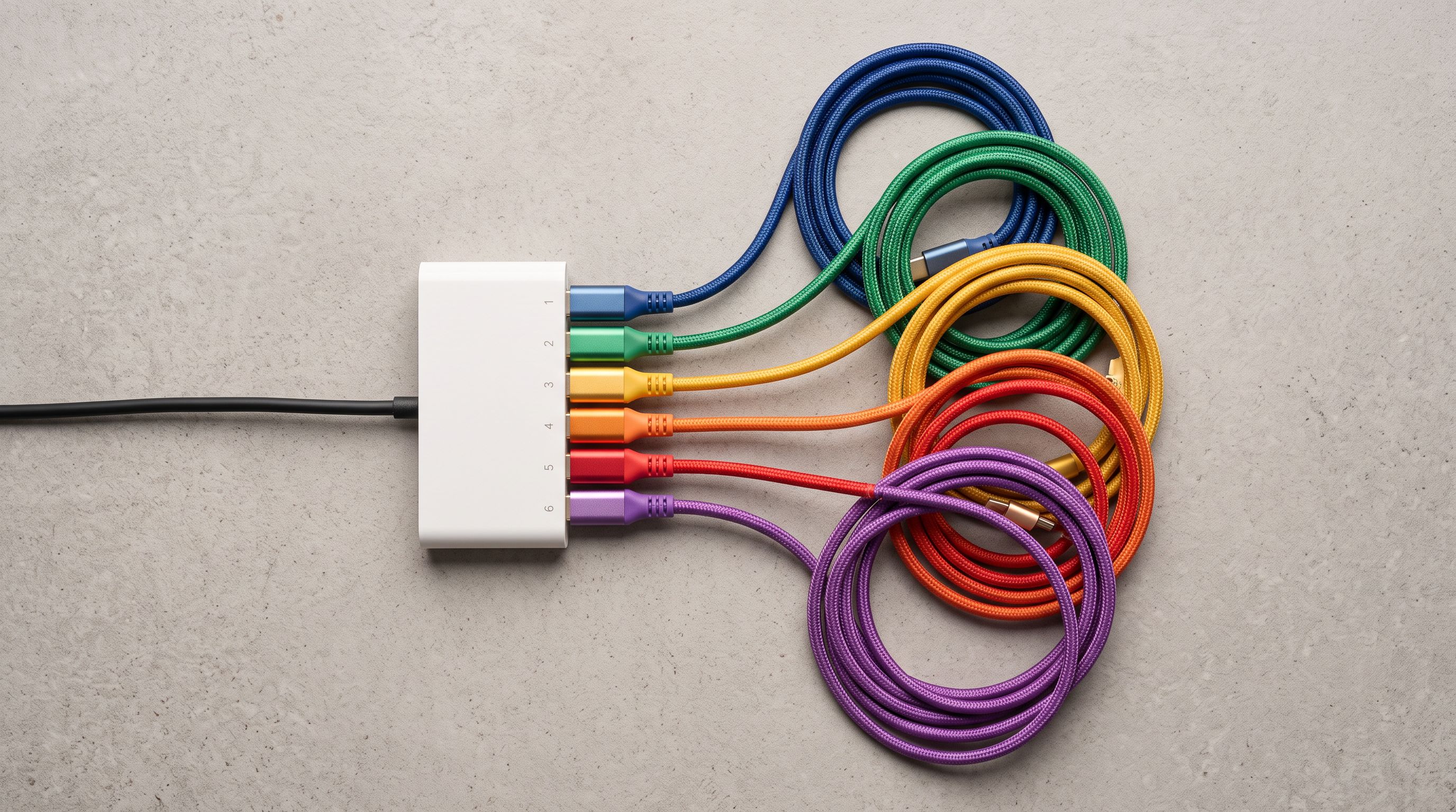 Six colour-coded cables fanned out from a white multi-port hub on grey surface.