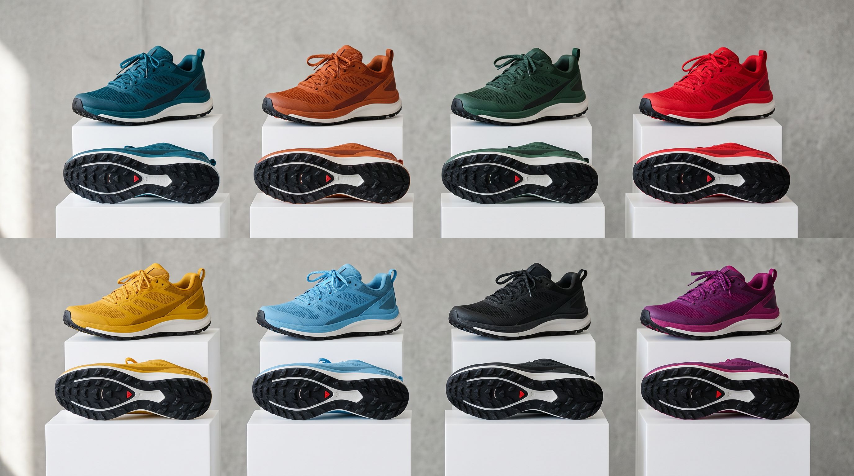 Eight trail running shoes in different colours arranged in a grid on white risers, viewed from a slight angle showing the distinct outsole tread patterns.