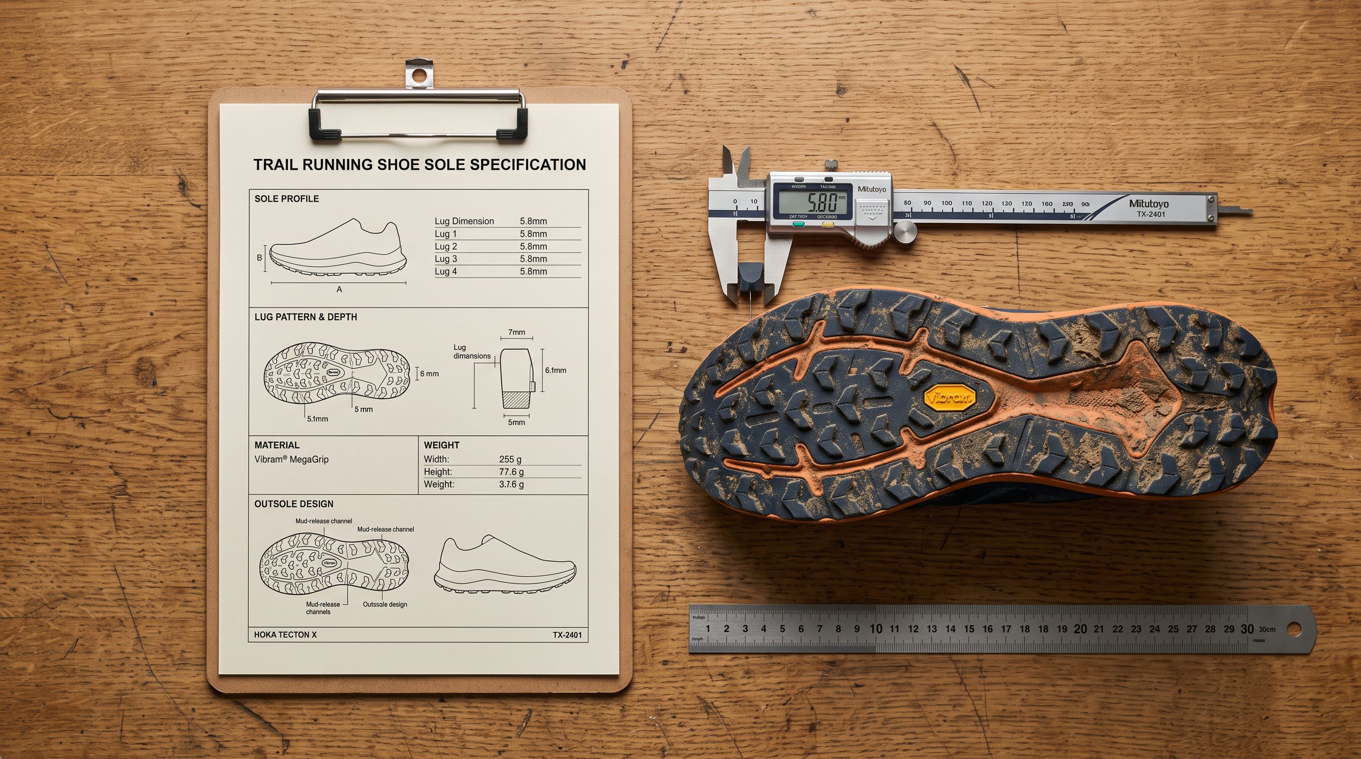 A printed specification sheet on a clipboard beside a ruler, calliper, and trail running shoe sole facing up showing the lug pattern on a wooden workbench.
