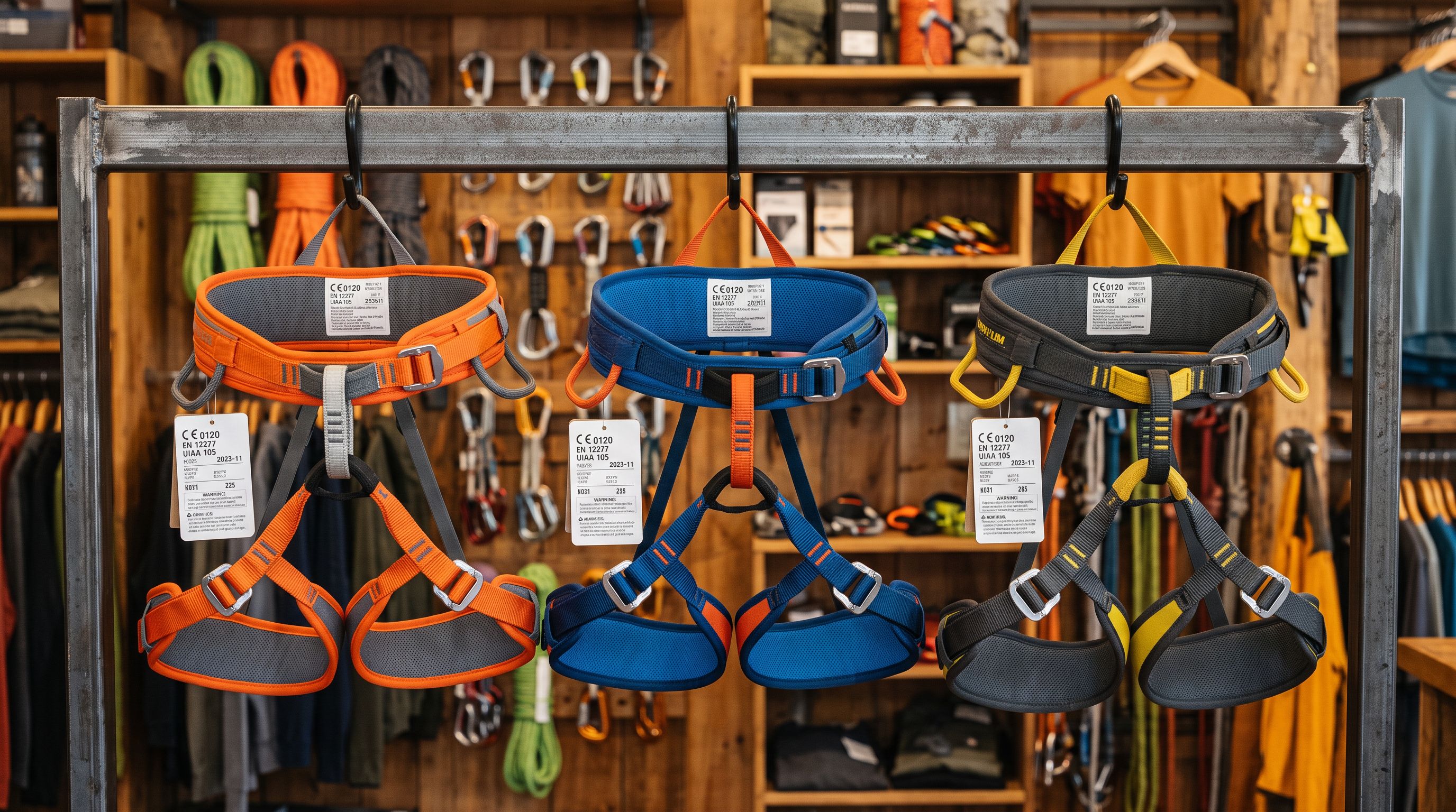 Three climbing harnesses hanging from a horizontal metal rack in different colours with safety certification tags visible on the waist belt loops.