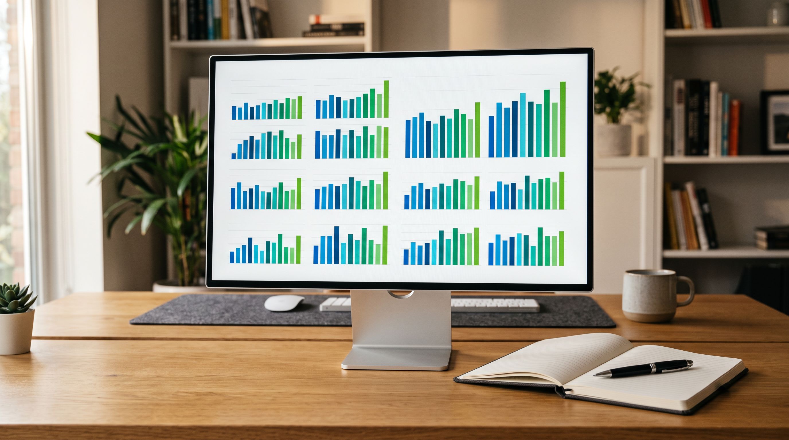 A computer monitor on a desk displaying rows of green and blue bar charts on white background representing product catalogue data.