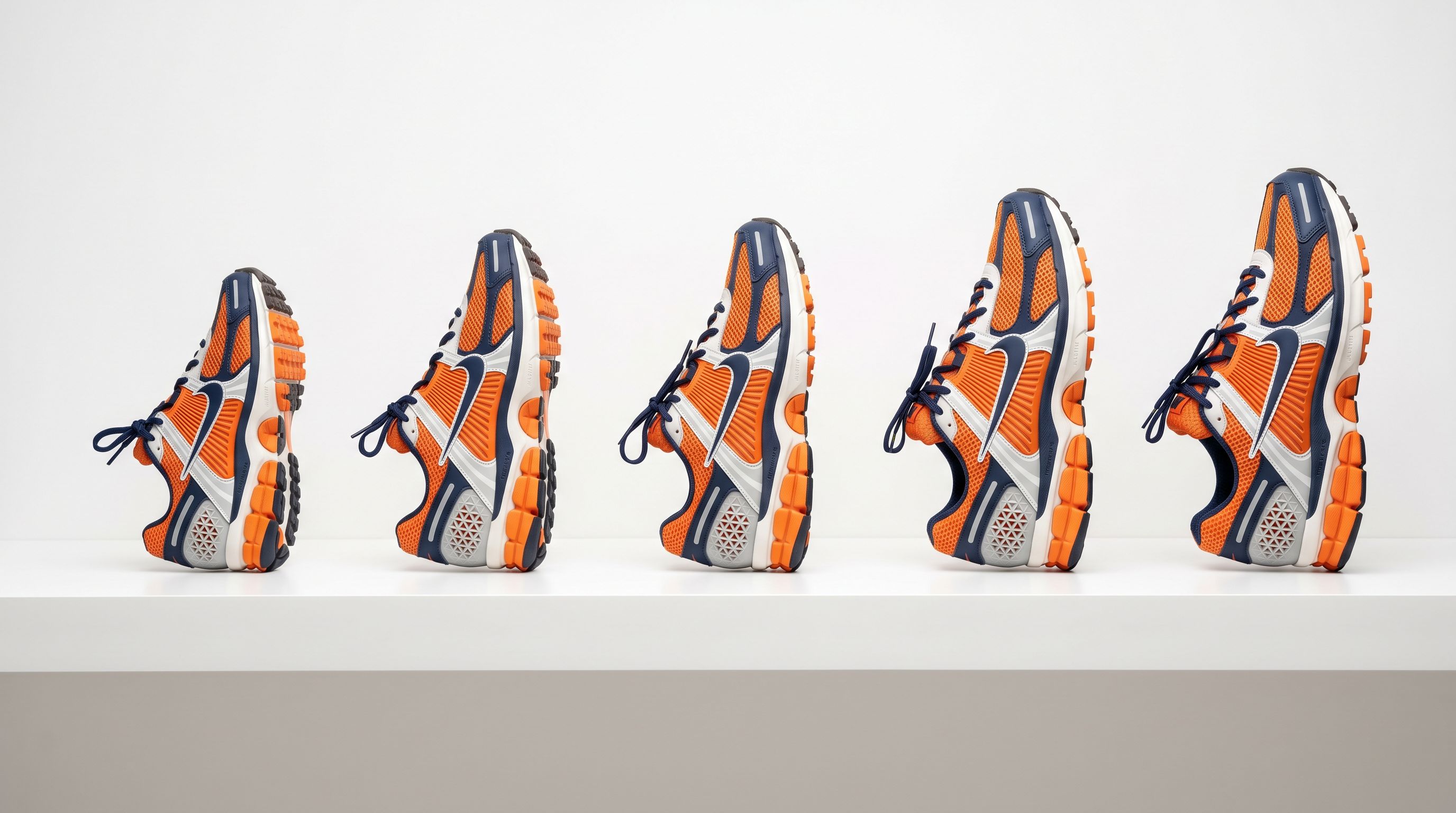 A row of five athletic running shoes arranged from smallest to largest on a retail shelf showing size progression.