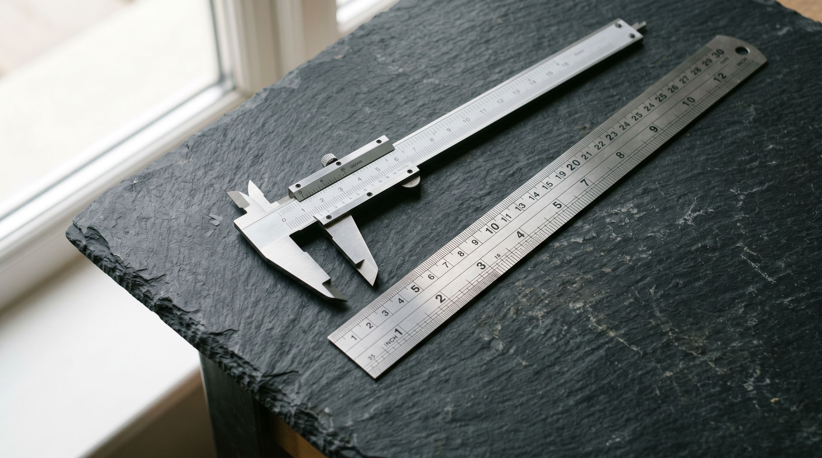 Stainless steel precision measurement calipers and graduated ruler arranged on a dark slate workbench surface.