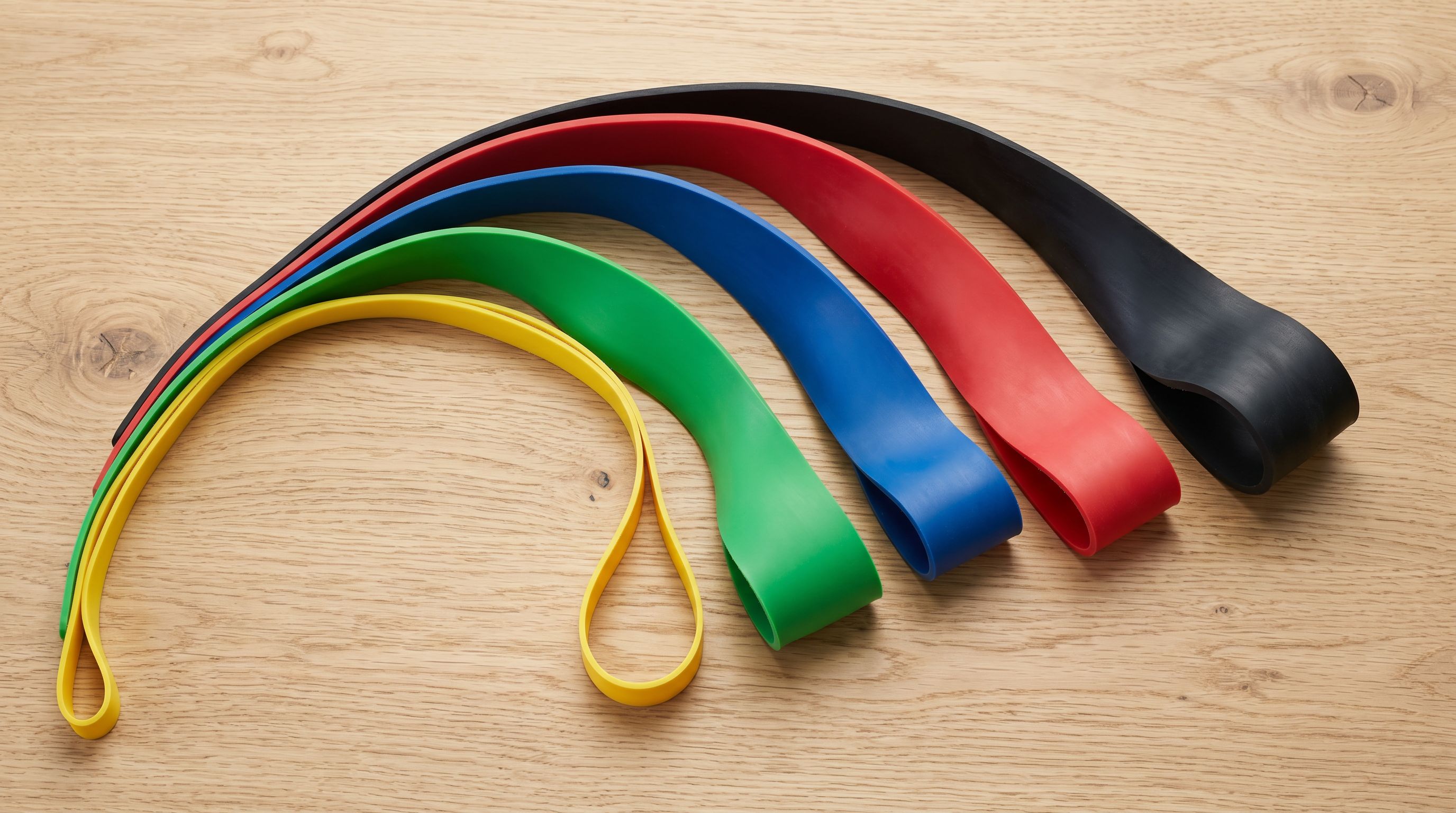 Five latex resistance bands in graduated thicknesses and colours arranged in an arc from light yellow to heavy black.