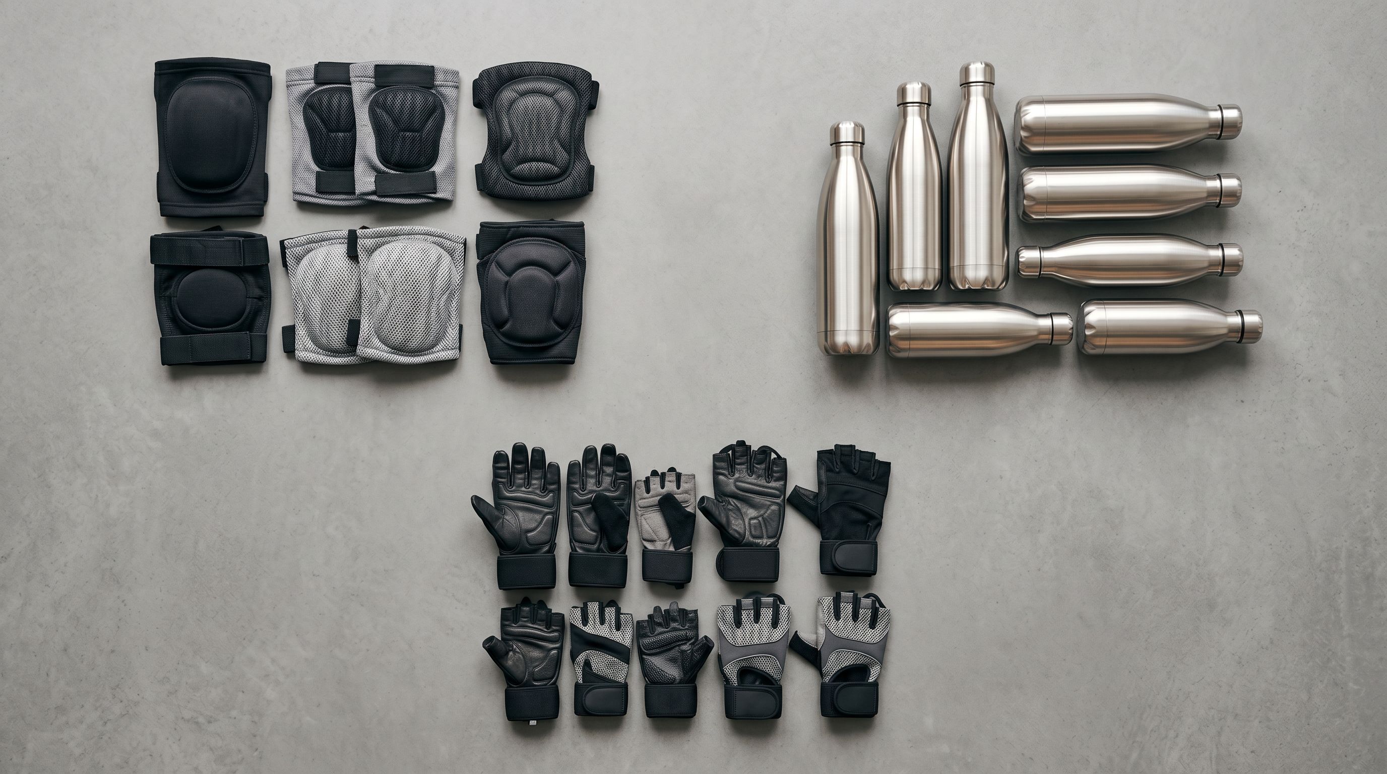 Overhead flat lay of sports accessories arranged in three separate groups: knee pads, water bottles, and gym gloves.