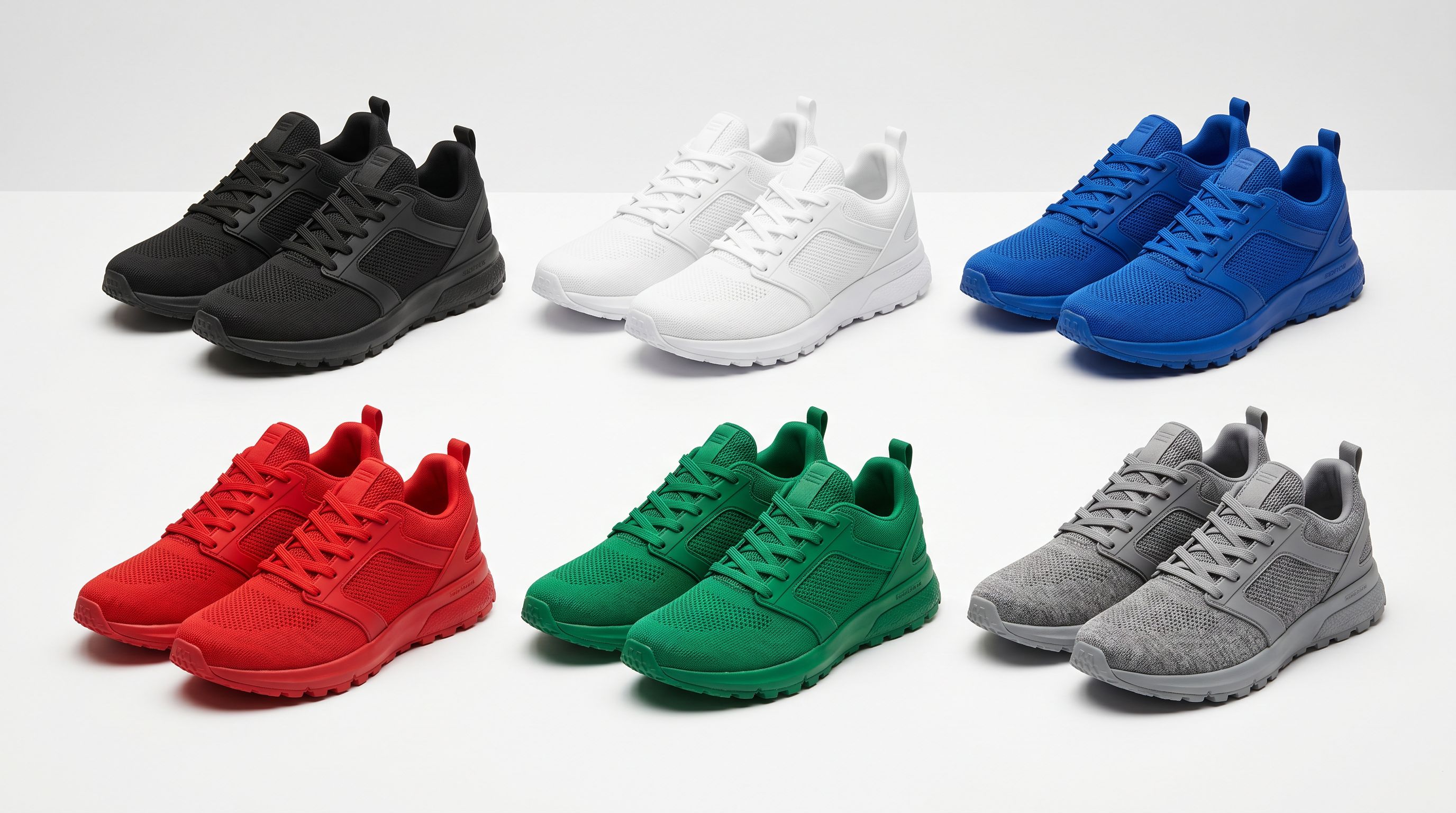 Six pairs of athletic trainers in different colourways arranged in two rows on a white surface showing variant range.