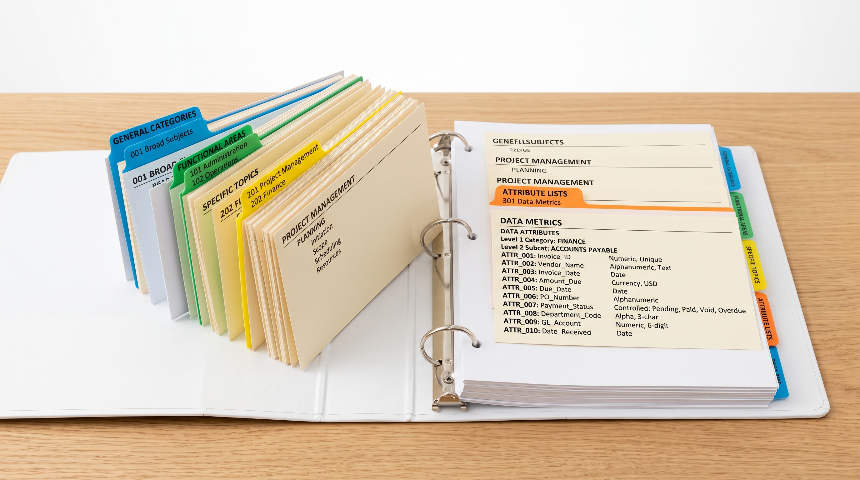 Colour-coded reference binder open to tabbed sections showing hierarchical product category attribute cards