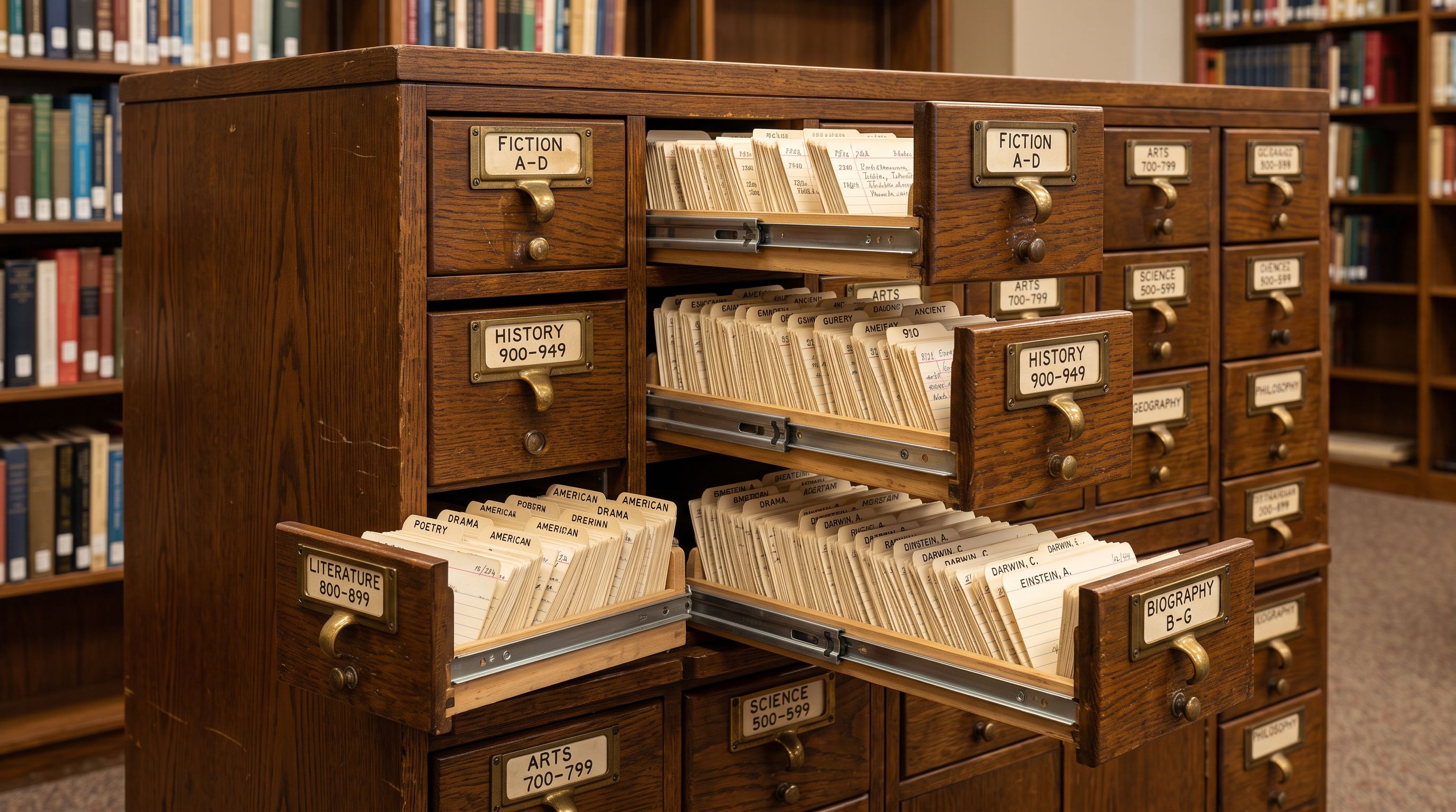 Wooden card catalog cabinet with multiple drawers open showing rows of category-labelled index cards