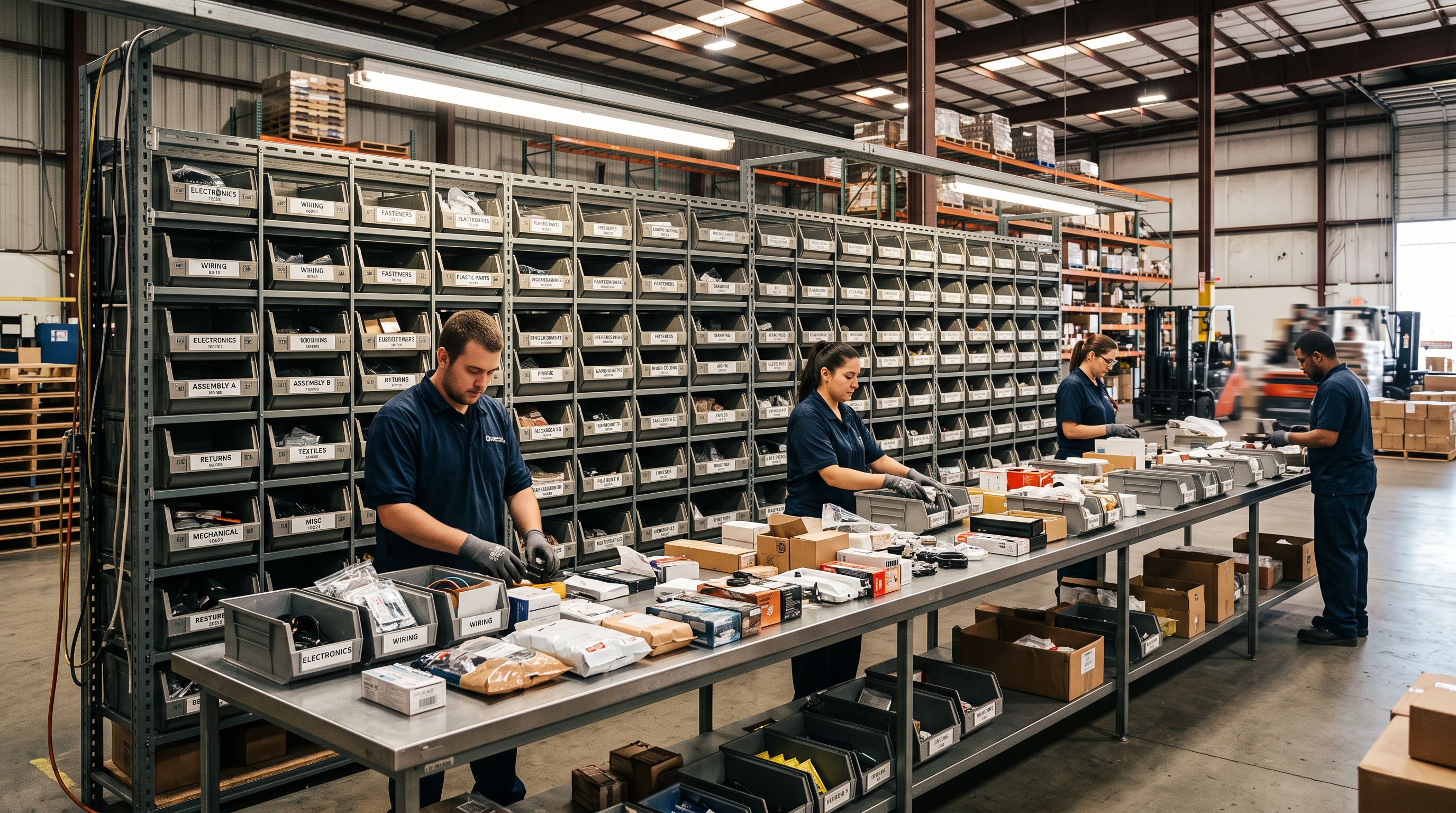 Warehouse sorting station with labelled collection bins and mixed products being sorted into specific categories