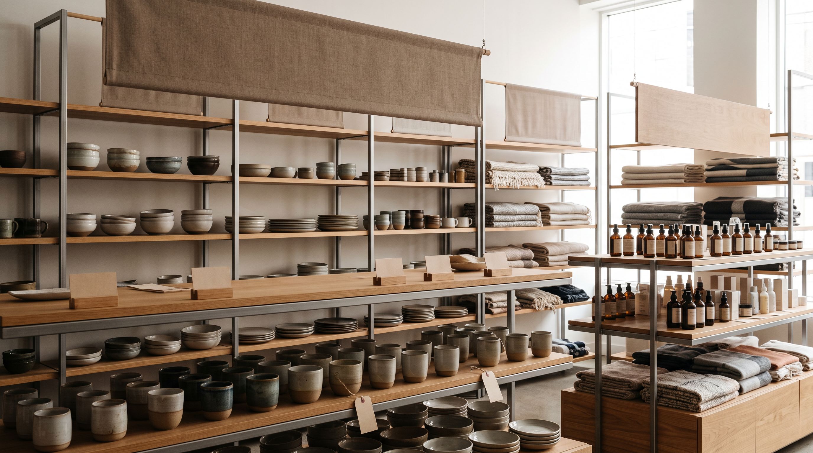 Tiered retail shelving unit showing product samples grouped in a hierarchical category structure from broad to specific