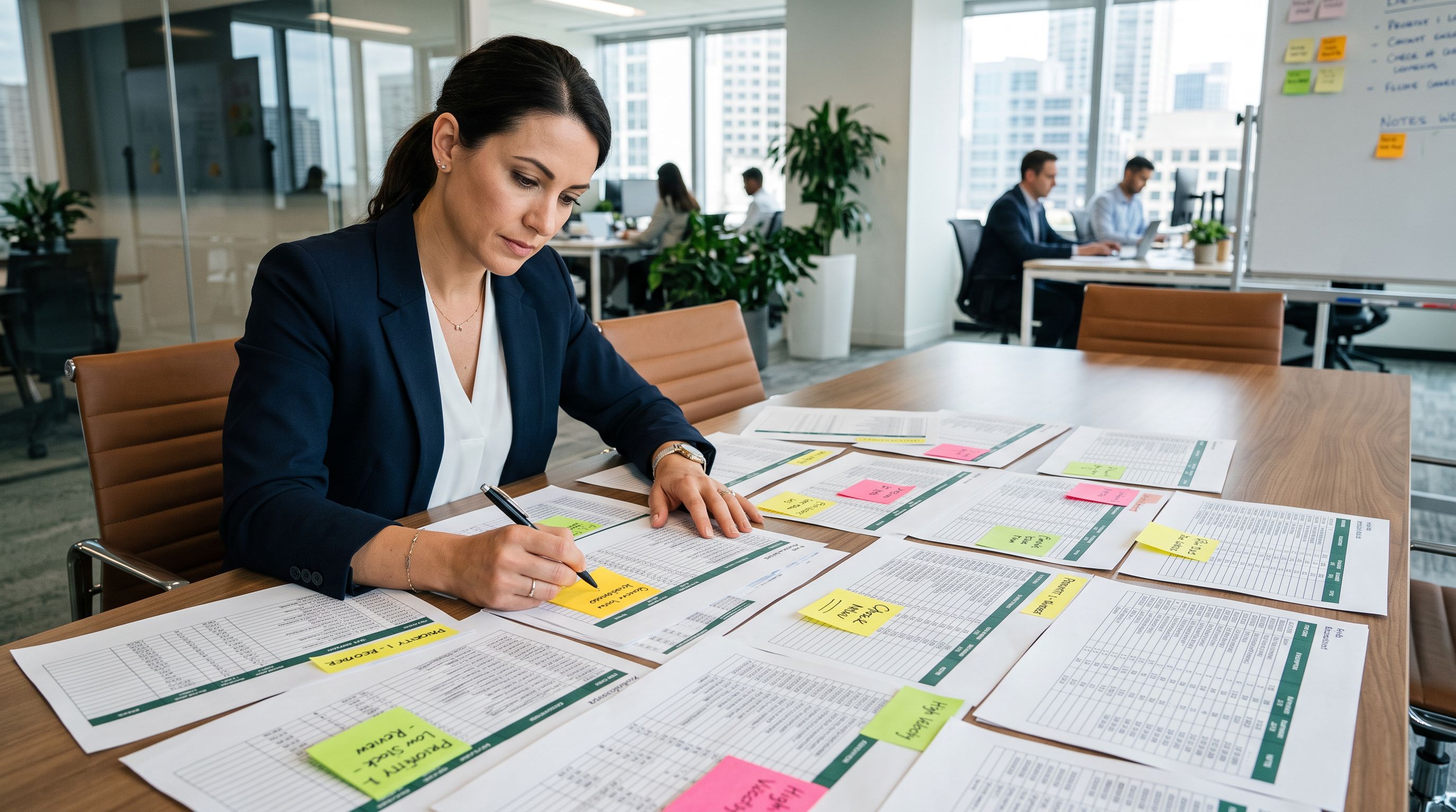Business buyer reviewing printed product inventory spreadsheets on a conference table with sticky note annotations during a catalogue audit