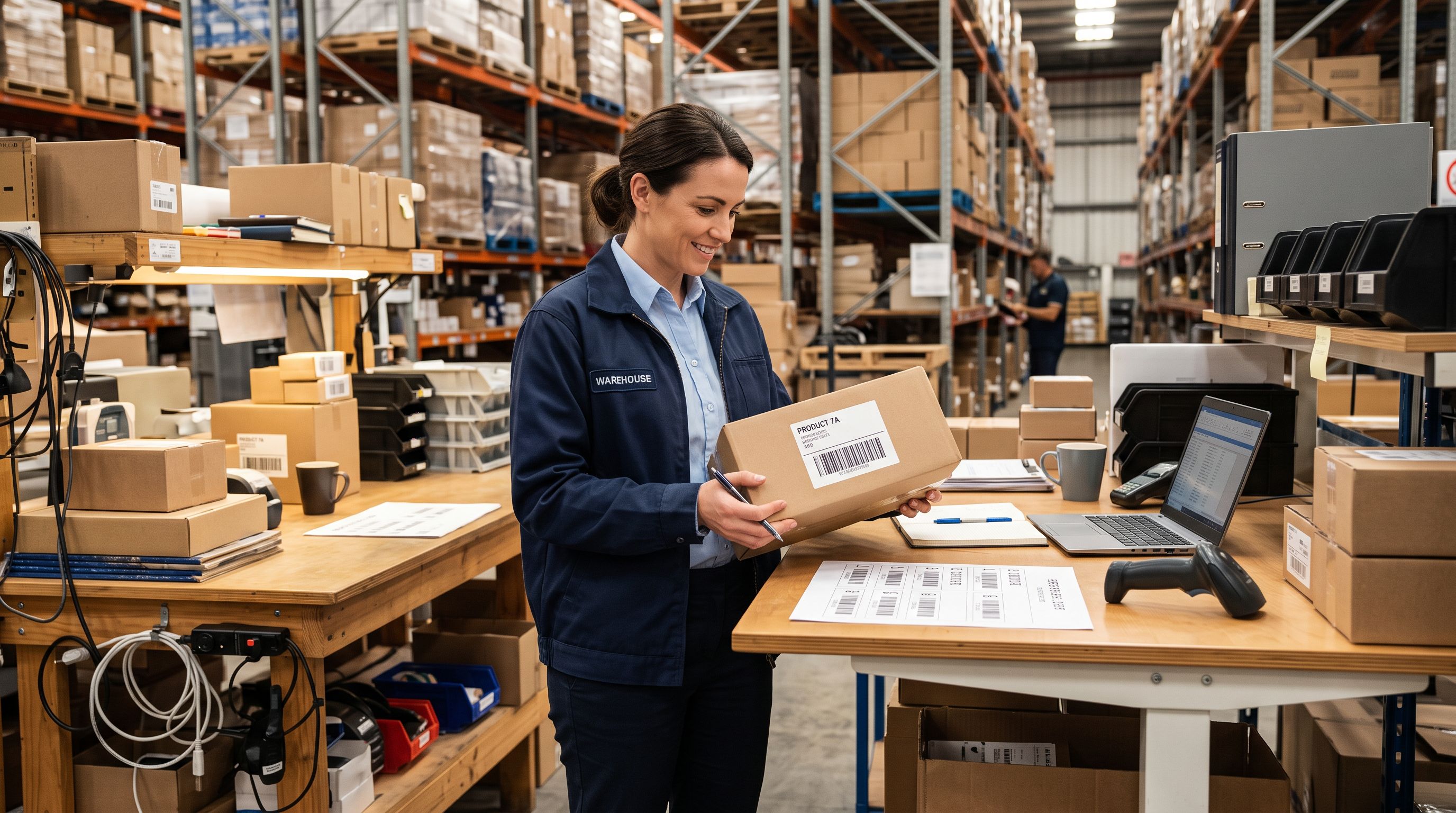Warehouse administrator at a standing desk holding a product package and examining its printed EAN barcode, with a reference sheet showing company prefix digits alongside.