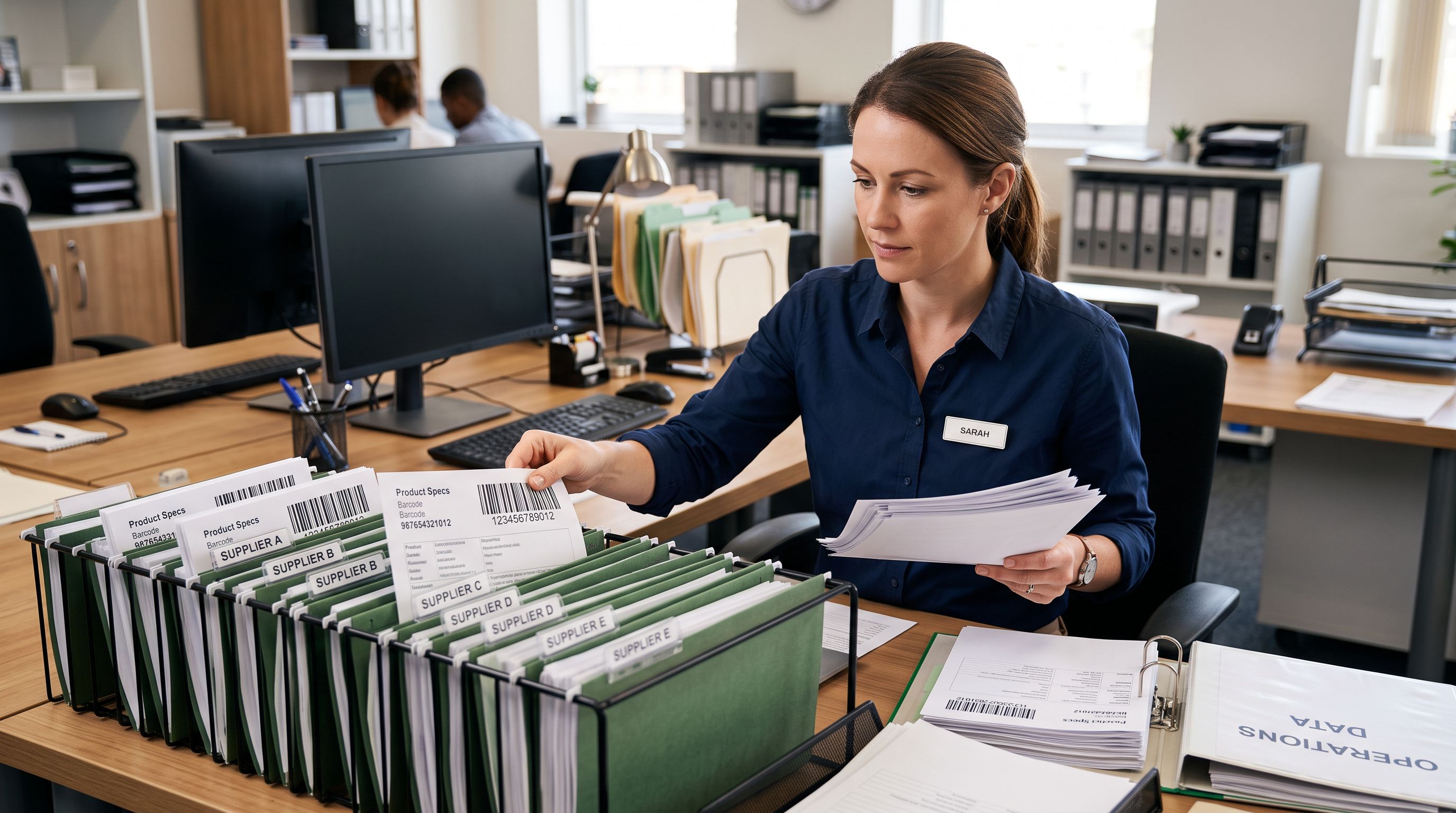 Retail operations worker at a desk sorting printed product data sheets into supplier-labelled folders, each folder's barcode reference sheet visible on top.