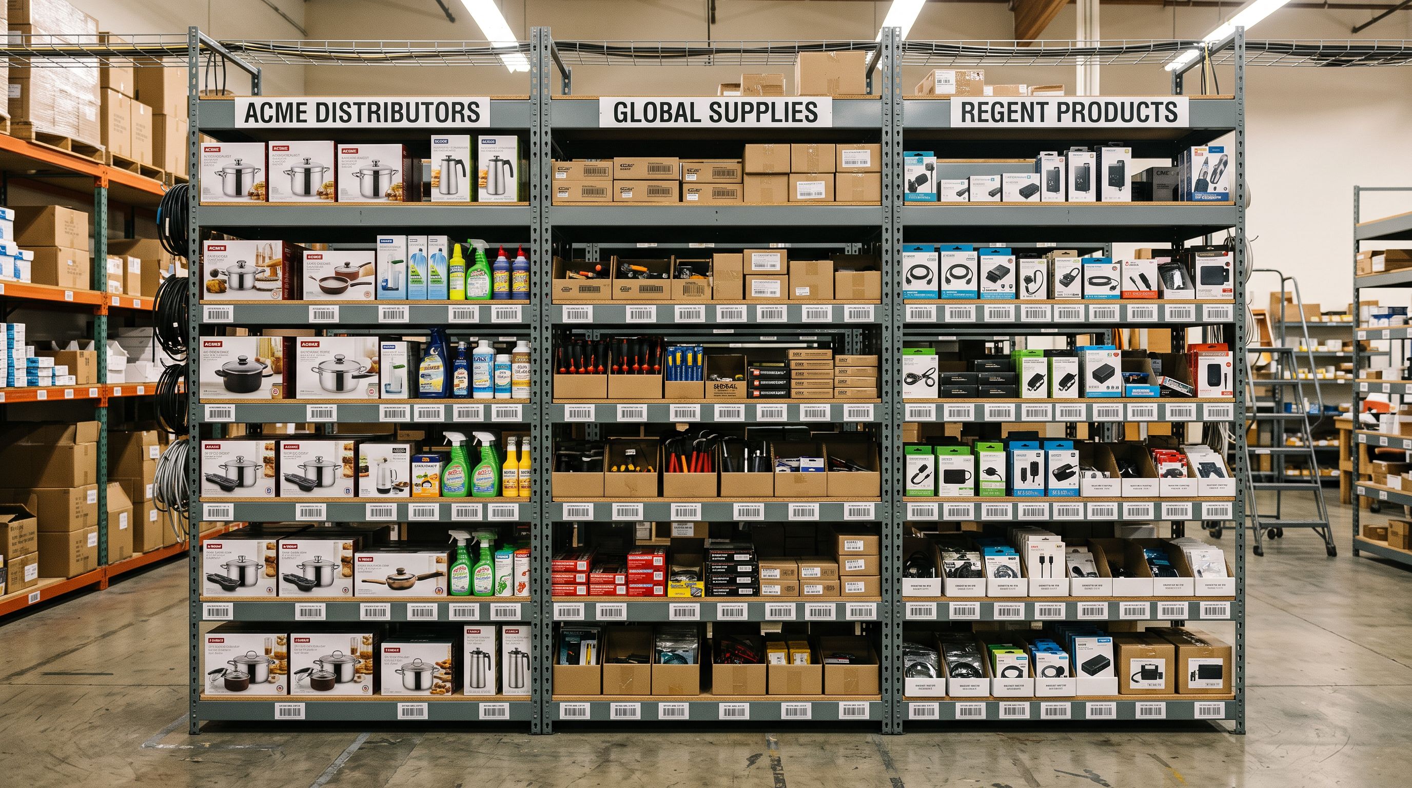 Product storage shelving unit in a retail stockroom with products organised into supplier-labelled bays, barcode labels visible on each shelf section.