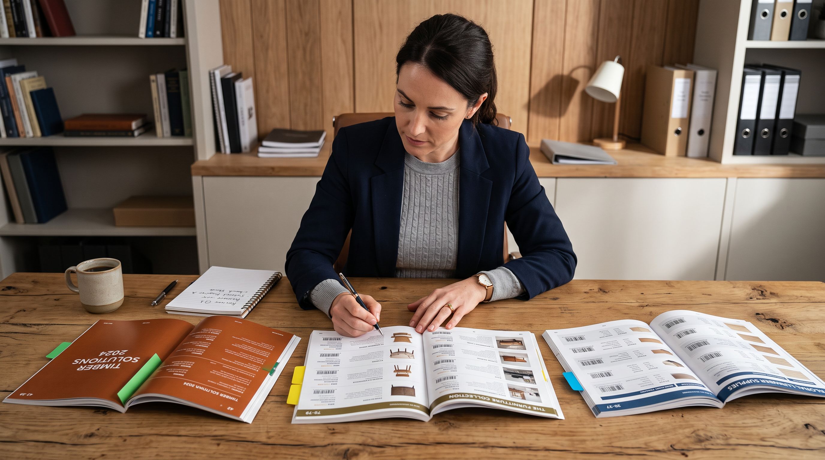 Retail buyer at a desk reviewing three printed supplier product catalogues side by side, each catalogue bookmarked with a supplier name tab and barcode reference.