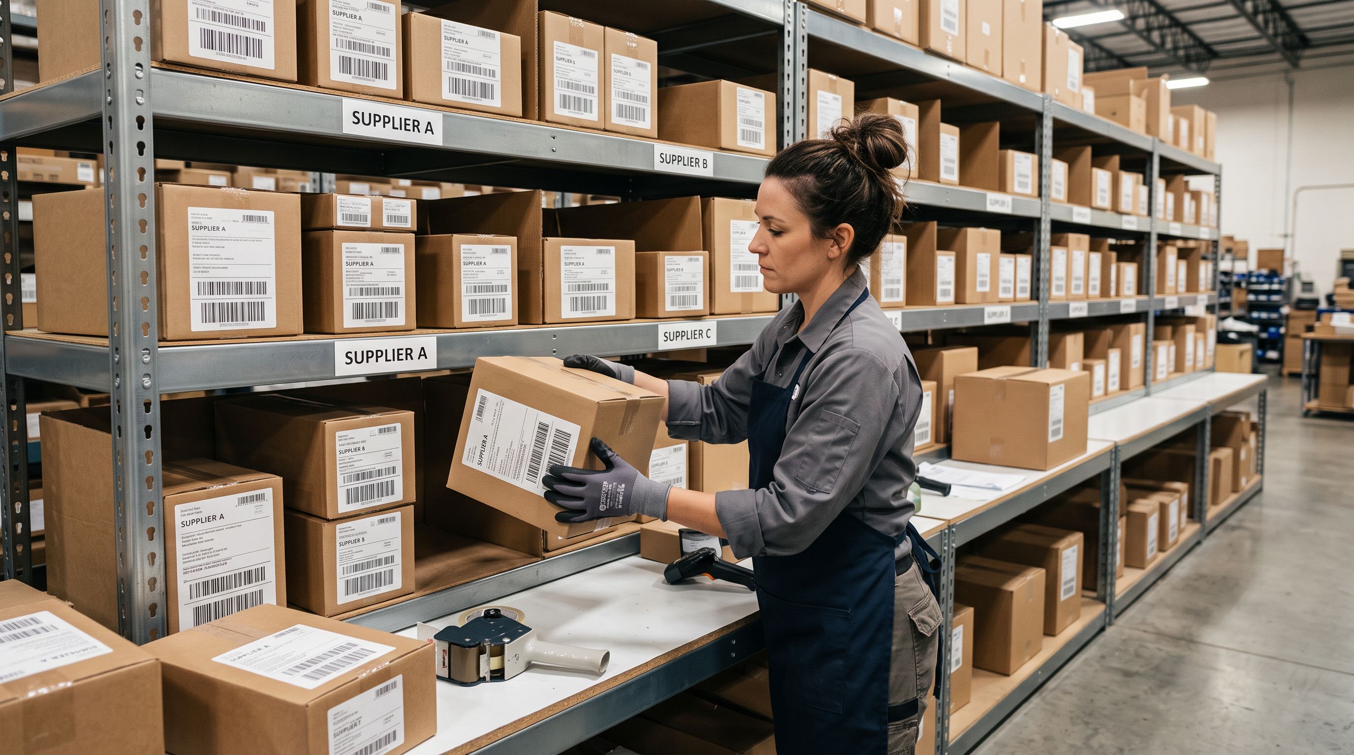 Stockroom worker at a packing station sorting product boxes into clearly labelled supplier sections on a wide shelving unit, barcodes visible on each box face.