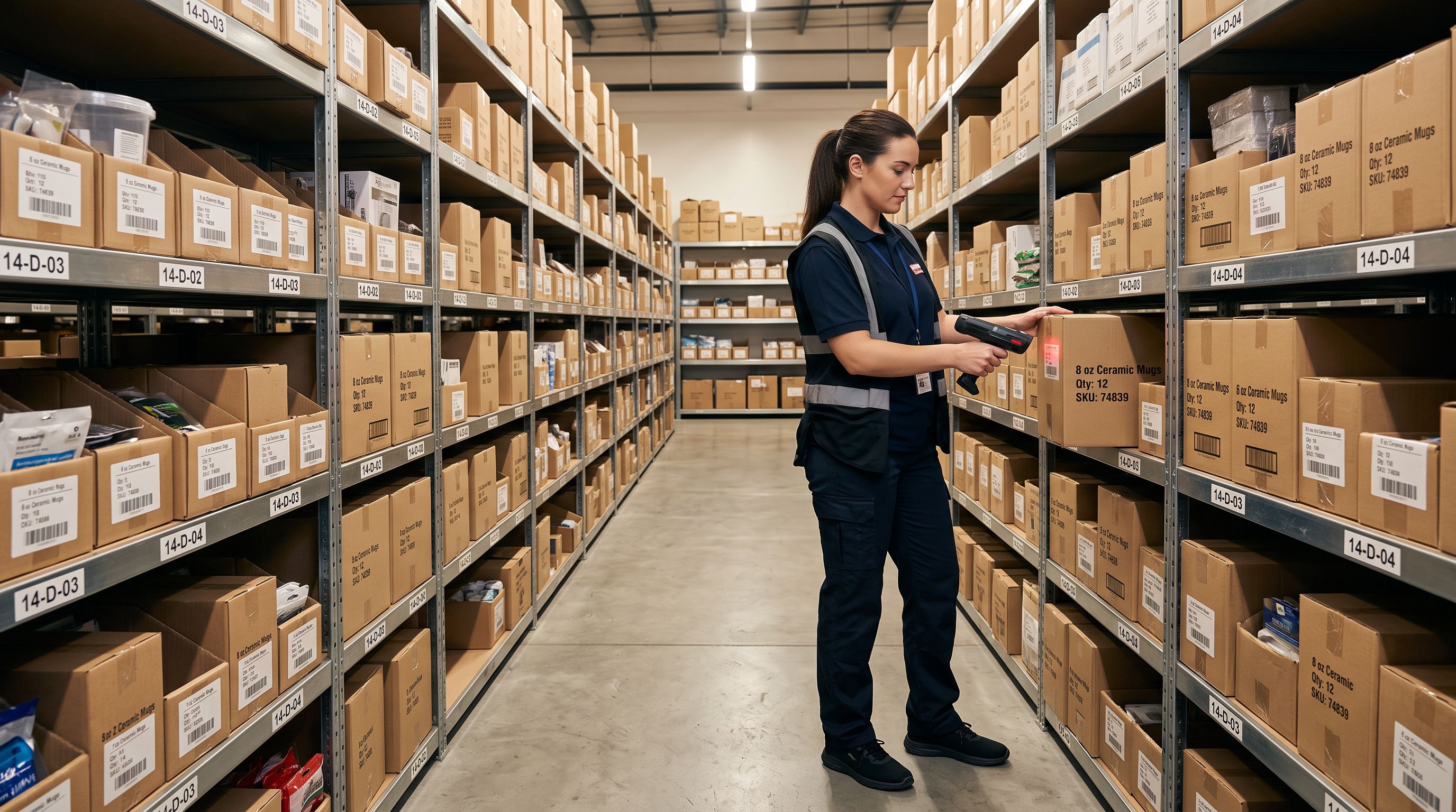Retail stockroom worker scanning product barcodes on a shelf with a handheld barcode scanner, organised product rows visible on each bay.