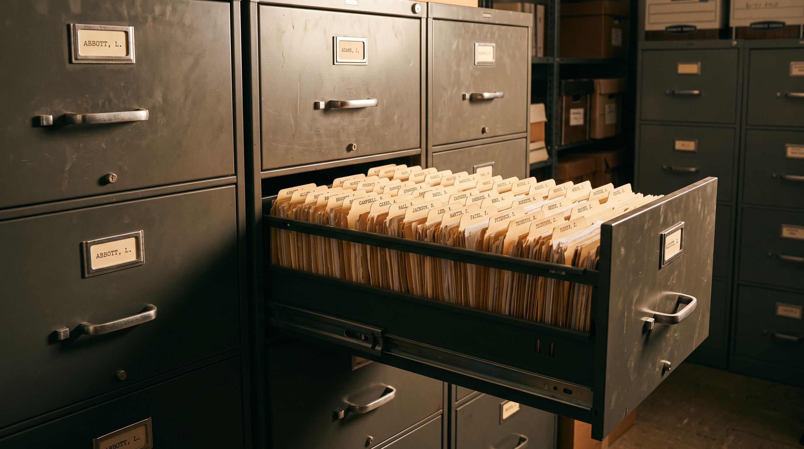 Archive filing cabinet drawers half-open showing labelled folders in ordered rows under warm directional light.