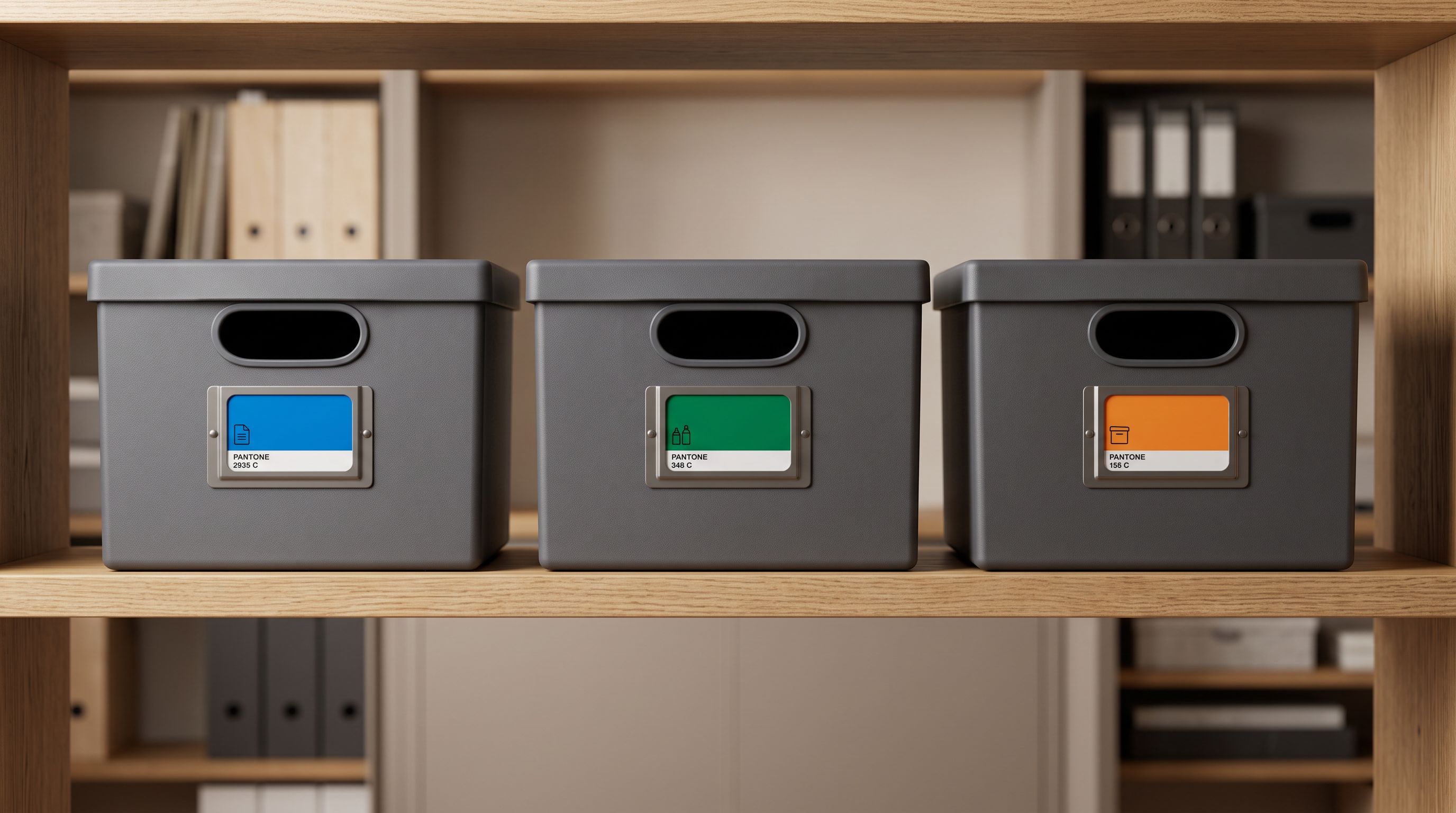 Three identical storage boxes arranged side by side on a shelf, each fitted with a different colour coded label.