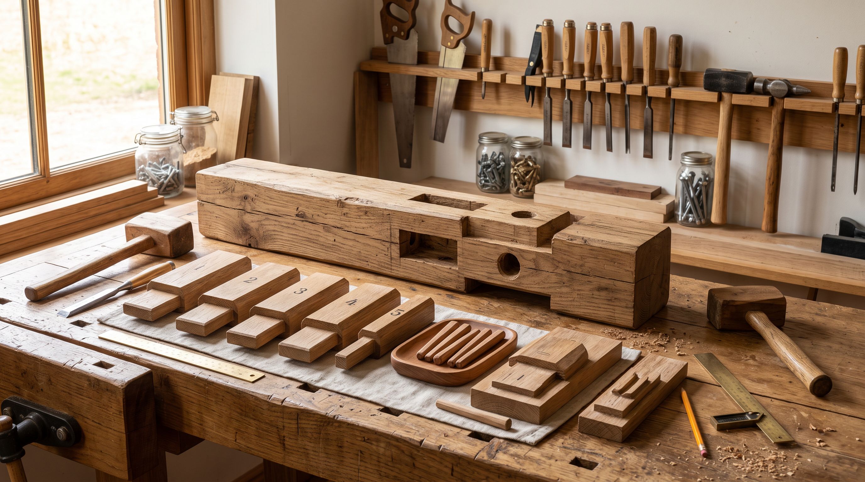 A craftsperson's workbench with a disassembled wooden joinery component and carefully sorted replacement parts laid in order beside it.