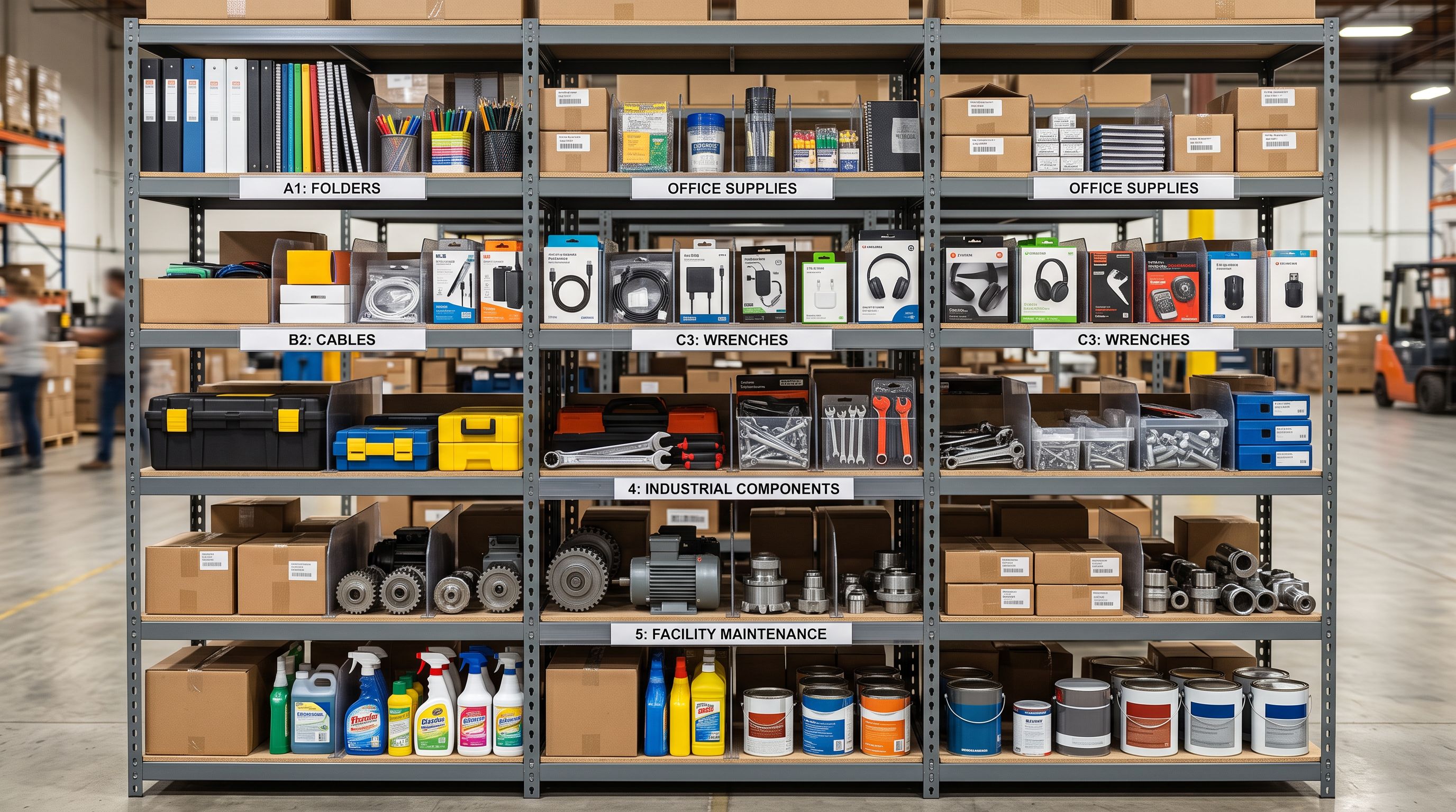 A neatly organised product storage shelf with clearly labelled section dividers separating different item groups in a warehouse setting.