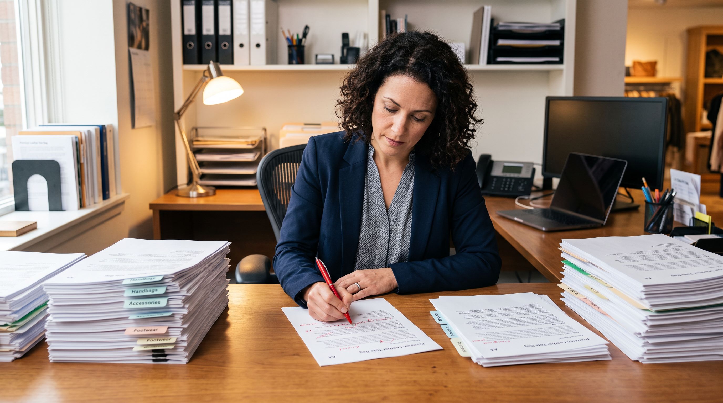 Retail store manager reviewing printed product description sheets at a desk, marking changes with a red pen.