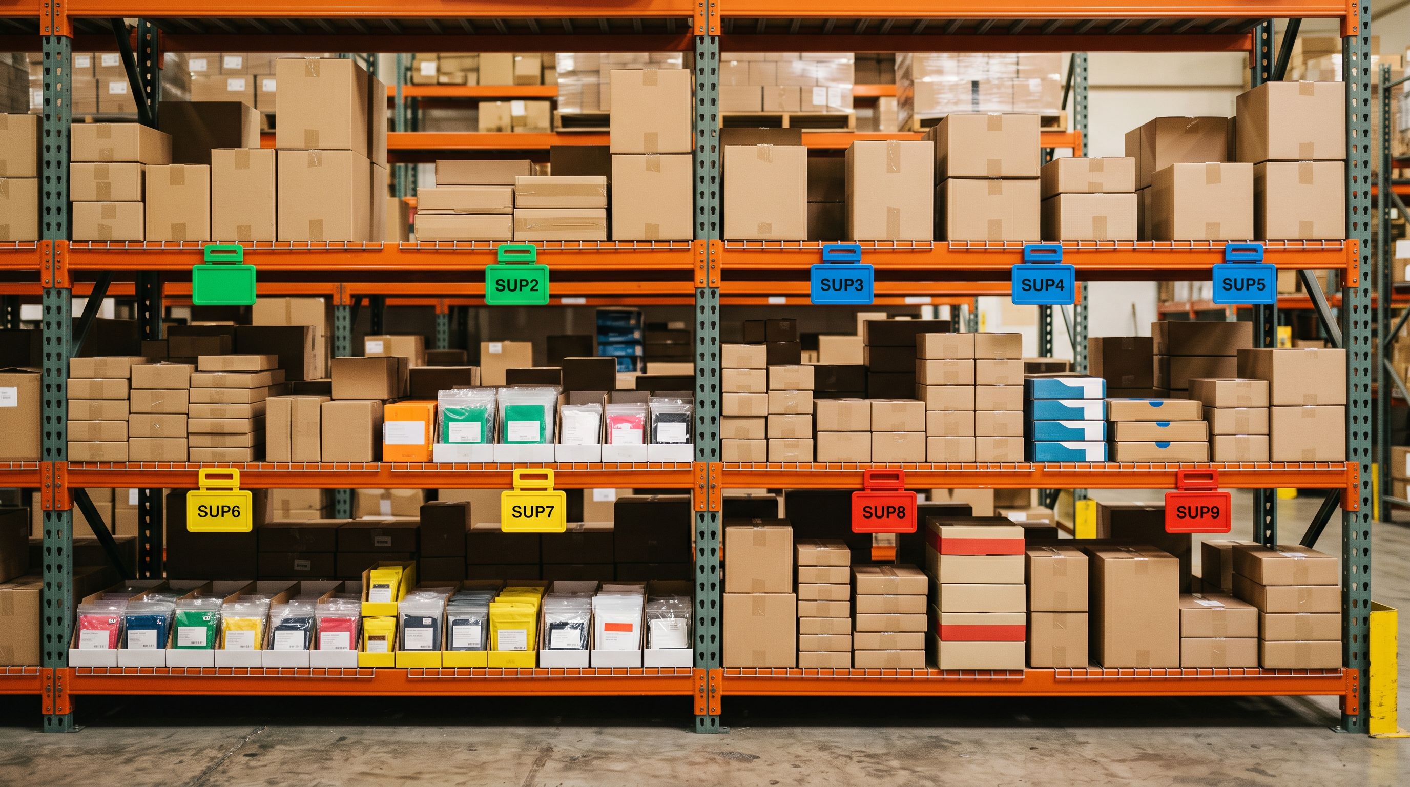 Rows of product packages organised into supplier groups on industrial warehouse shelving with colour-coded supplier code tags.