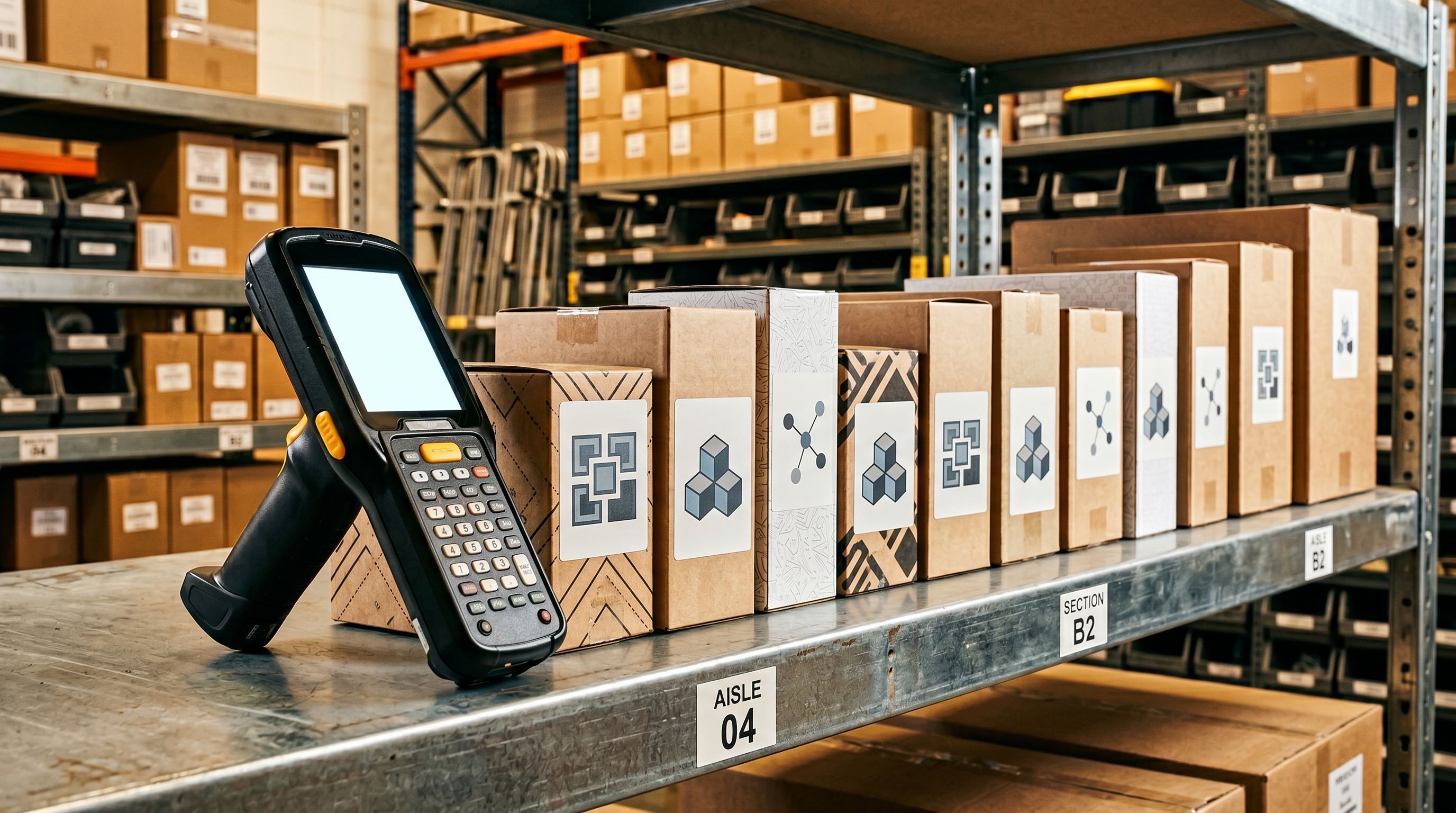 Handheld barcode scanner resting beside retail product boxes on warehouse shelf representing catalogue audit