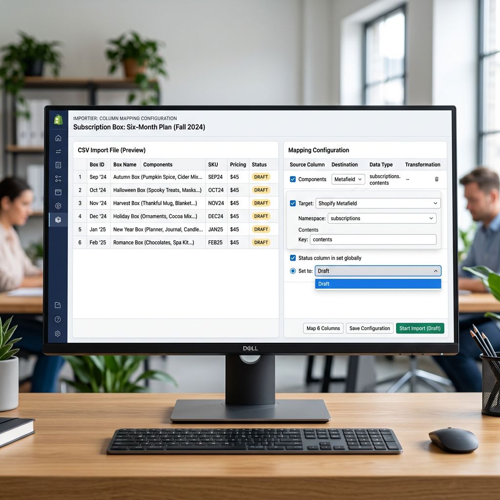 An Importier import wizard screen on a large monitor showing a six-row Excel file being mapped for a subscription box merchant, each row representing a different monthly box with columns for title handle status tags theme metafields and scheduled ship date, the column mapping panel on the right showing the Status field set to Draft and the component list column mapped to a custom metafield namespace, everything in sharp focus no blur no depth of field, colour photography.