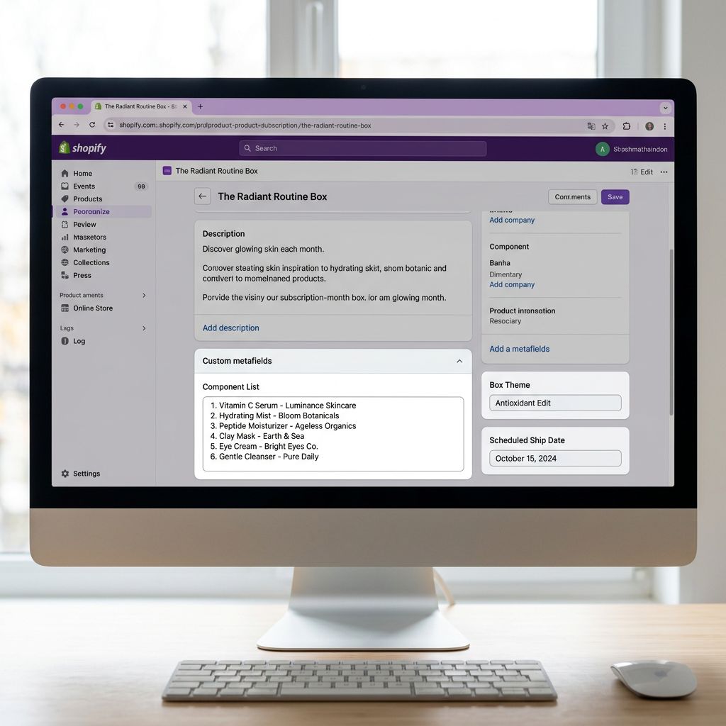 A Shopify admin product detail page on a large monitor showing a monthly subscription box product with the Metafields section expanded displaying a component list metafield containing a pipe-separated list of six skincare product names with their brand names, alongside a box theme metafield showing Antioxidant Edit and a ship date metafield showing October 20, representing the structured product data that feeds subscriber FAQ emails and post-ship content, everything in sharp focus no blur no depth of field, colour photography.