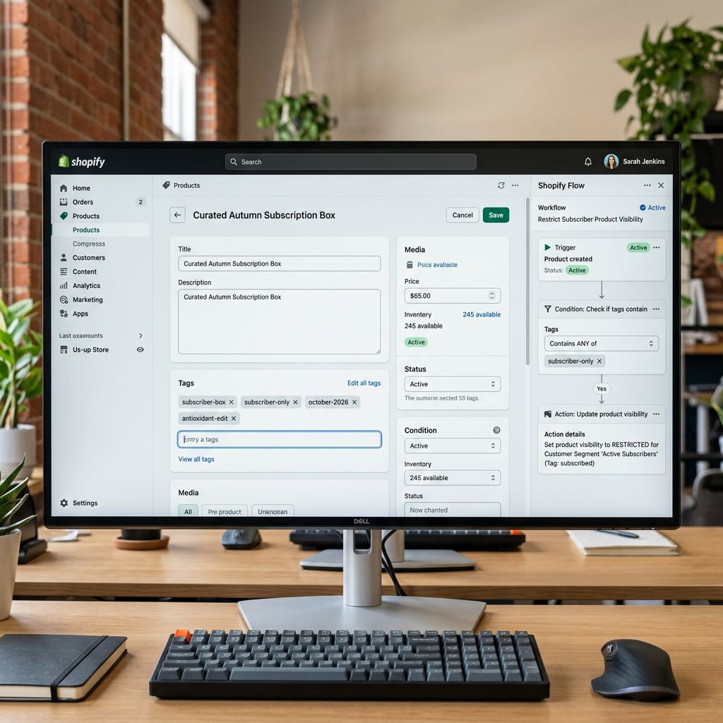 A Shopify admin product tags panel on a large monitor showing a subscription box product with tags subscriber-box subscriber-only october-2026 and antioxidant-edit applied at import, alongside a Shopify Flow rule trigger panel showing the condition checking for the subscriber-only tag and the action restricting the product to a subscriber customer segment, representing how import-time tags drive automatic visibility control, everything in sharp focus no blur no depth of field, colour photography.