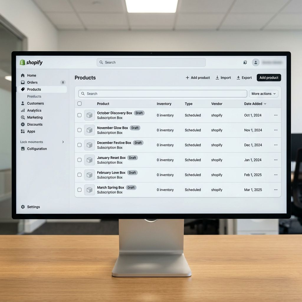 A Shopify admin product list on a large monitor filtered to show subscription box products with six entries representing six consecutive monthly box products each with a distinctive theme name in the title column a Draft status badge and a future date in the created column, representing a merchant who has pre-loaded six months of subscription box products as drafts before the first box ships, everything in sharp focus no blur no depth of field, colour photography.