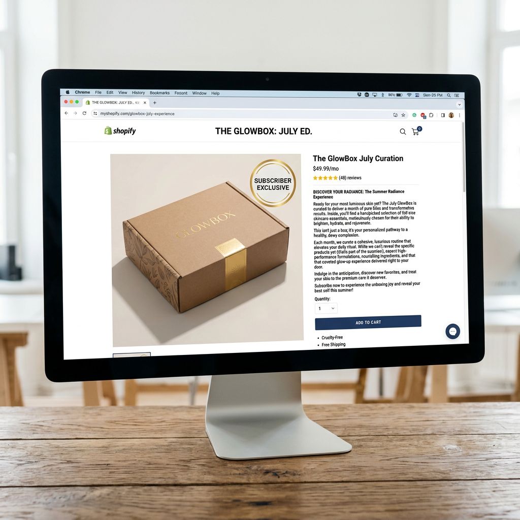 A subscription box product page on a large monitor showing a sealed kraft paper subscription box with a themed illustrated label on the front and an AI-generated product description below it written in a Benefits-First style that communicates the skincare theme and curation experience without naming any specific products or ingredients, representing the pre-ship description approach that sells the box experience without spoilers, everything in sharp focus no blur no depth of field, colour photography.