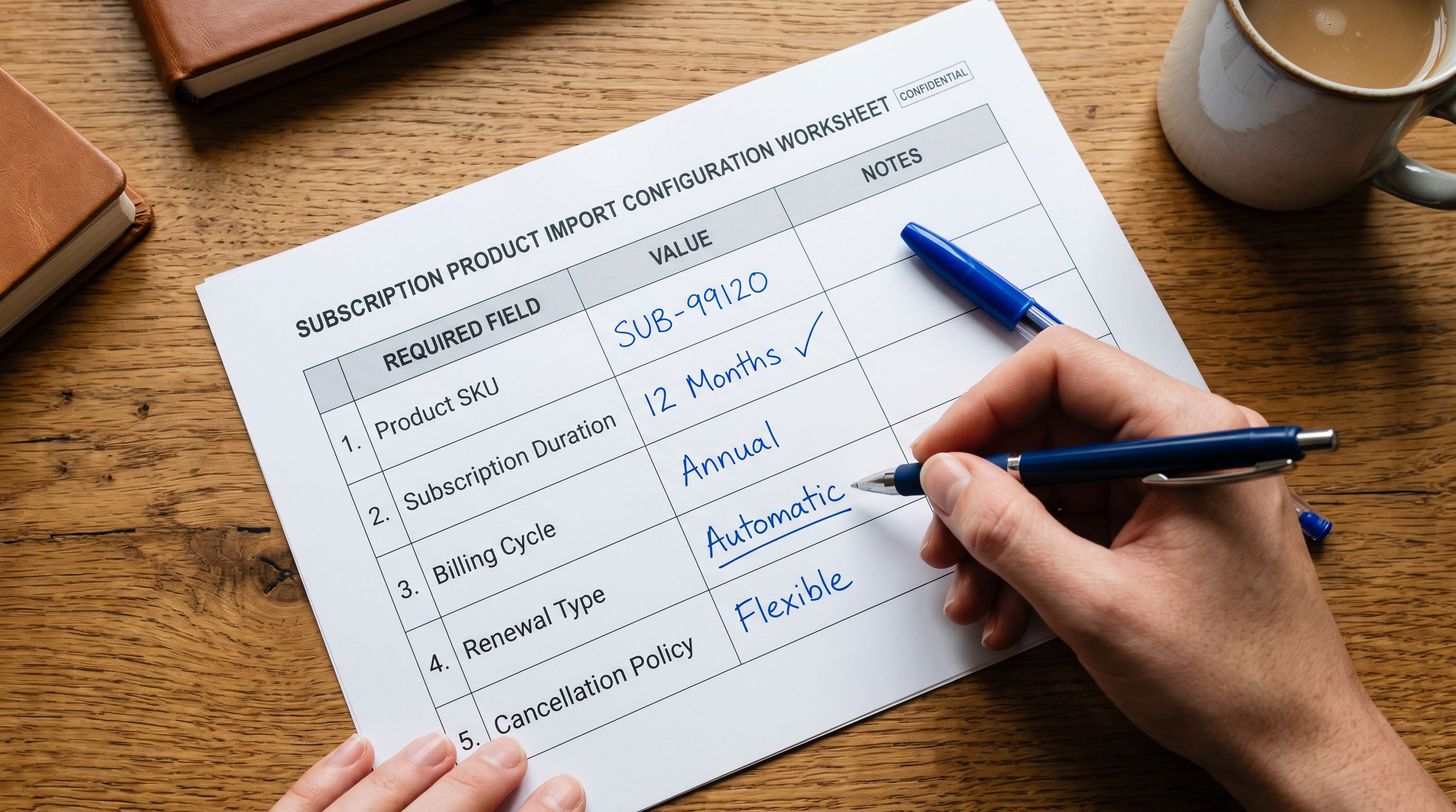 Printed subscription product import configuration worksheet on a desk showing five required field rows with handwritten values beside each field and a pen marking the two fields that differ from a standard product import.