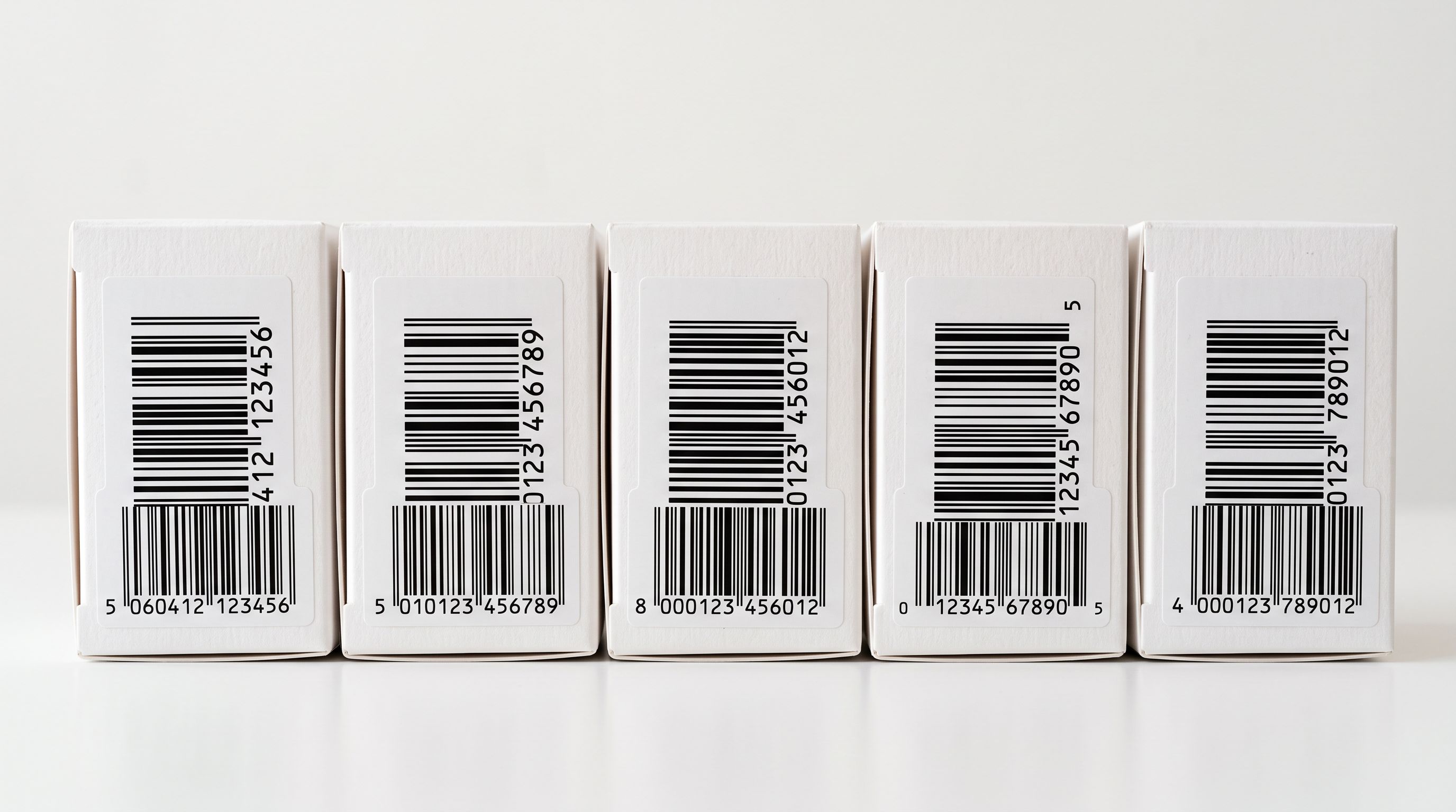 Close-up of multiple product barcode labels on white packaging arranged in a neat row on a white surface under bright studio lighting.
