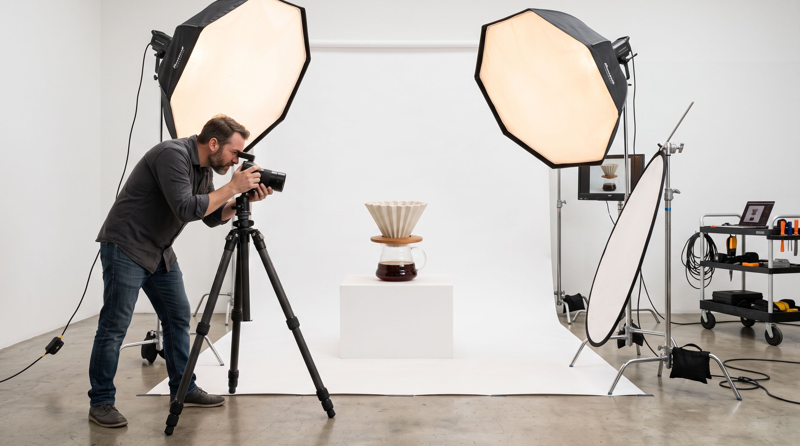Product photography setup with a ceramic coffee dripper on a white sweep background under softbox lights with a tripod-mounted camera.