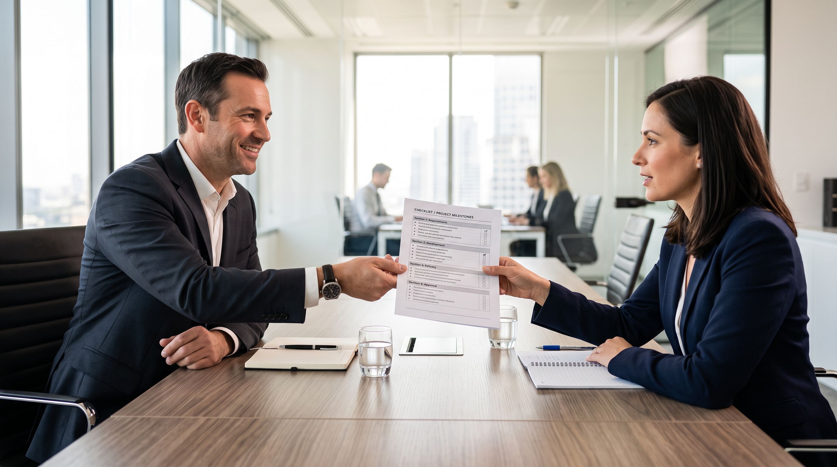 Business professional handing a printed checklist document across a conference table to a supplier representative in a bright modern meeting room.