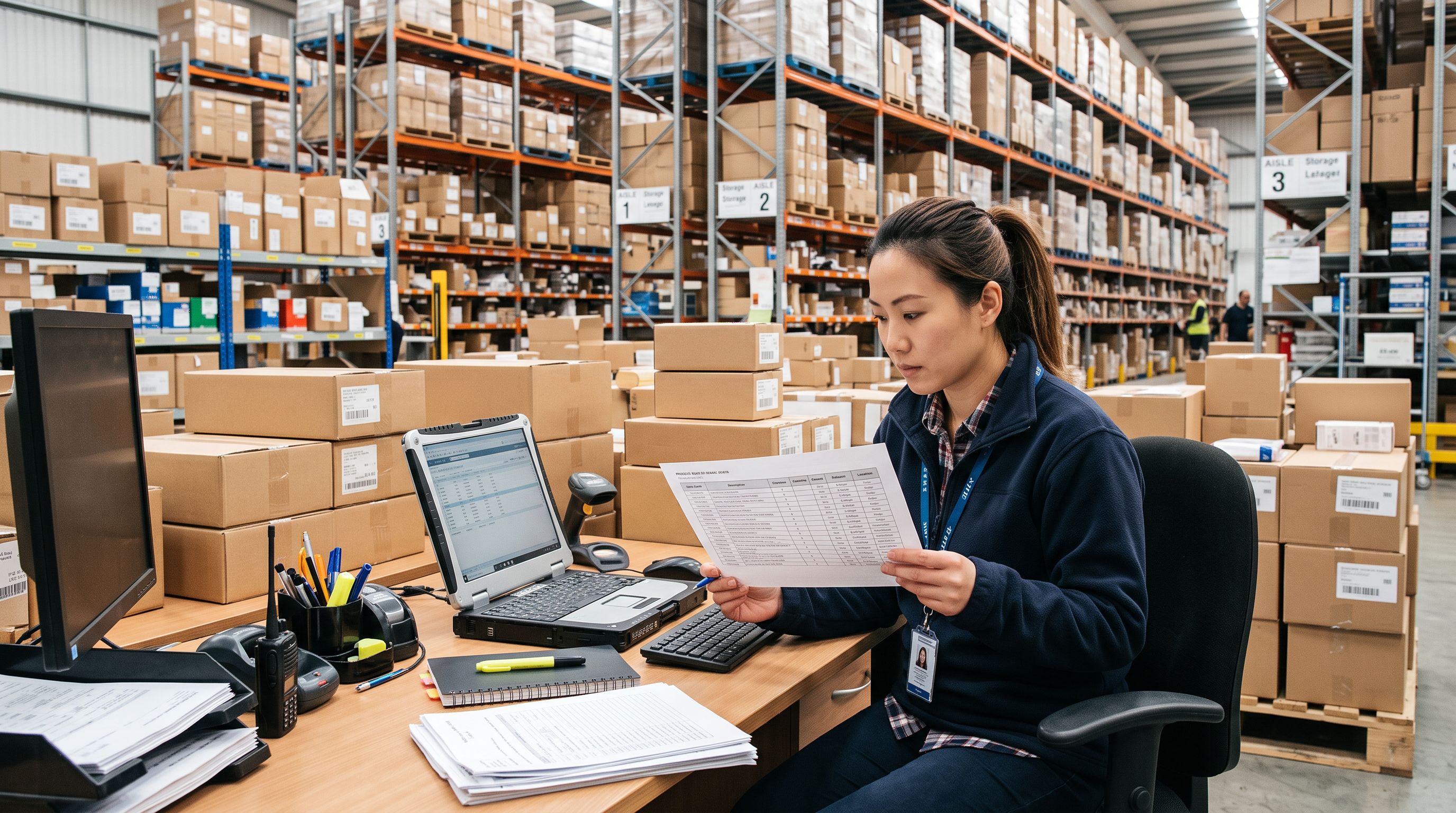 Warehouse coordinator reviewing a printed product specification sheet with structured columns beside neatly stacked product boxes.