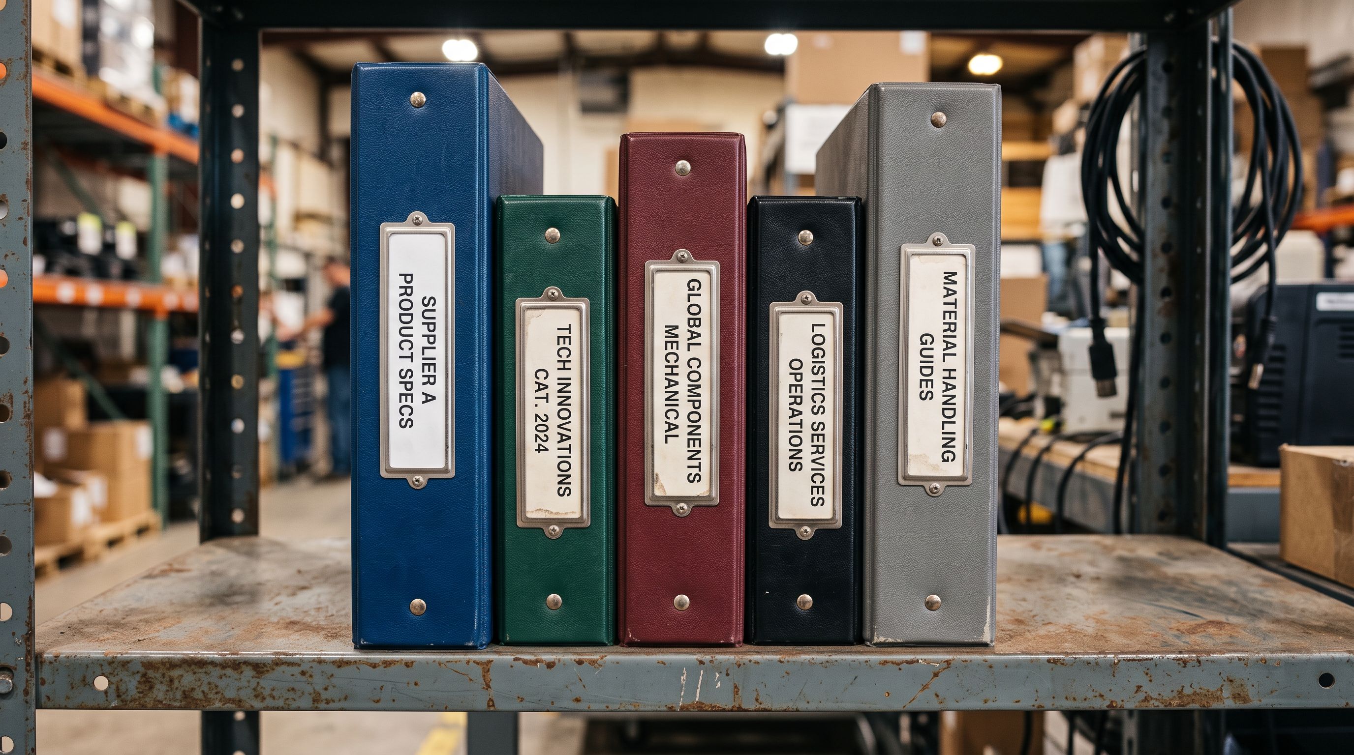 Five product specification binders from different suppliers stacked side by side on a warehouse shelf, each a different colour and size with distinct printed labels on the spines.