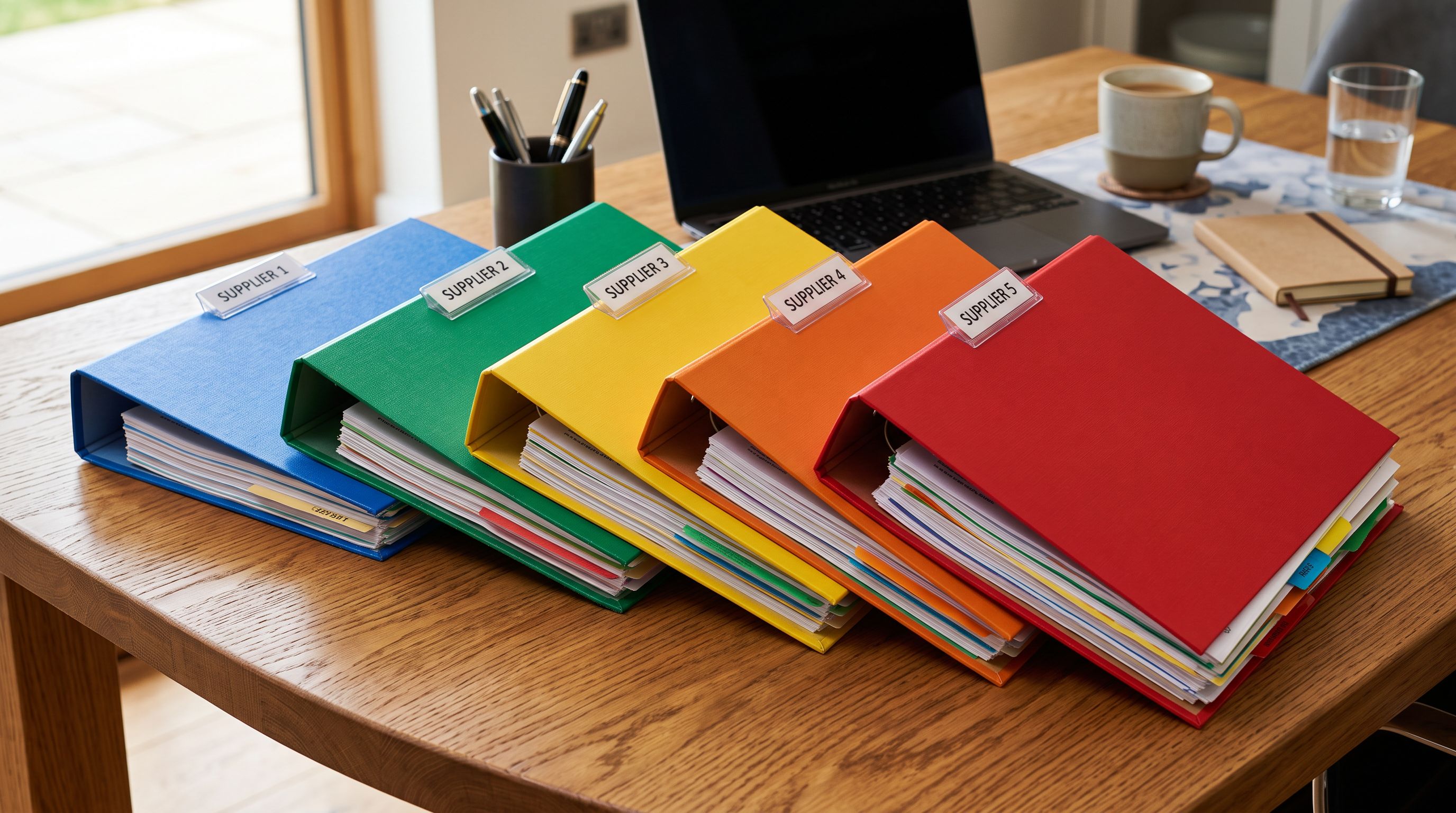 A merchant's desktop with five colour-coded folders fanned out, each labelled with a different supplier name, beside a tray of product import files sorted by supplier category.