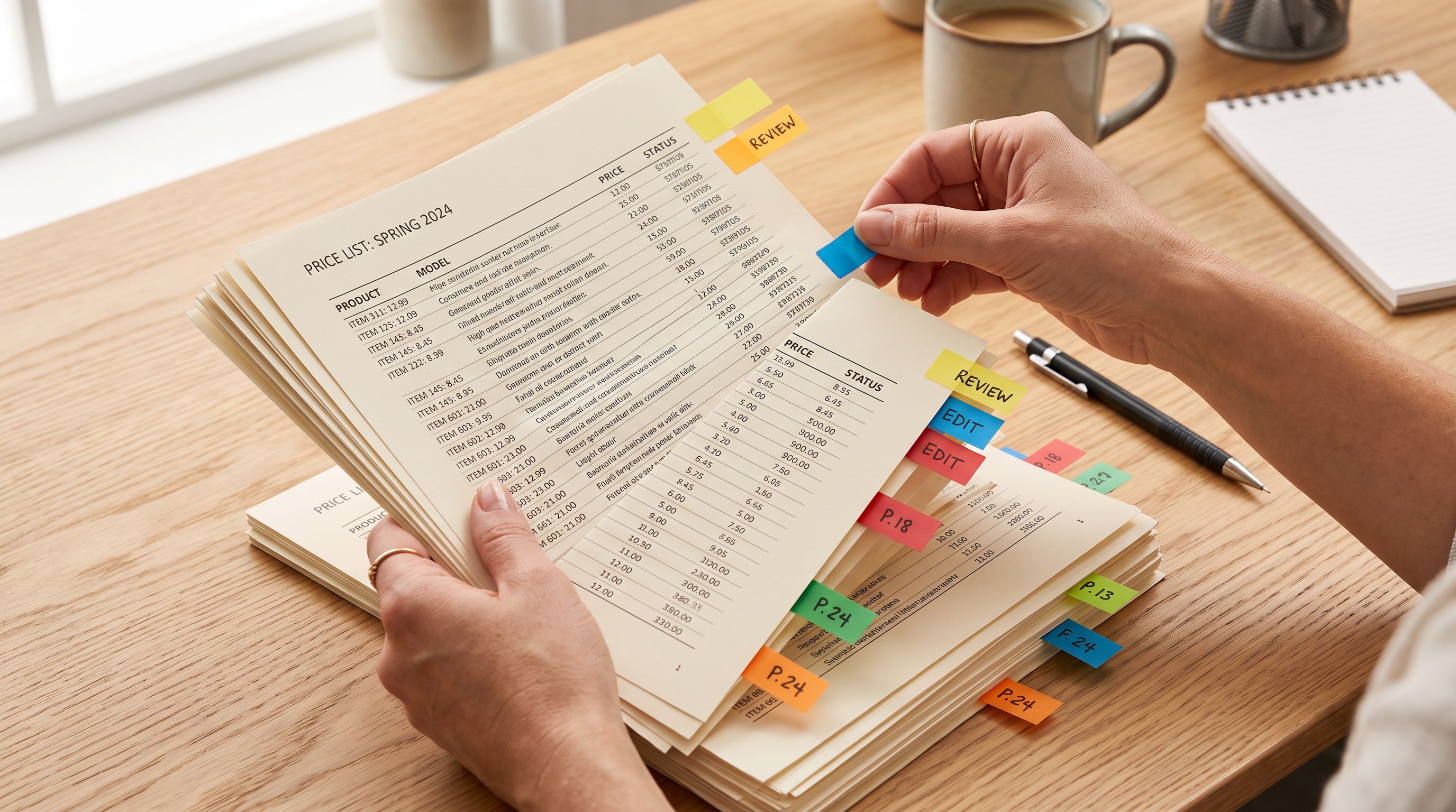 A person sorting through a stack of printed supplier price lists at a desk, colour-coded sticky markers visible on certain pages indicating data that needs to be reviewed before processing.